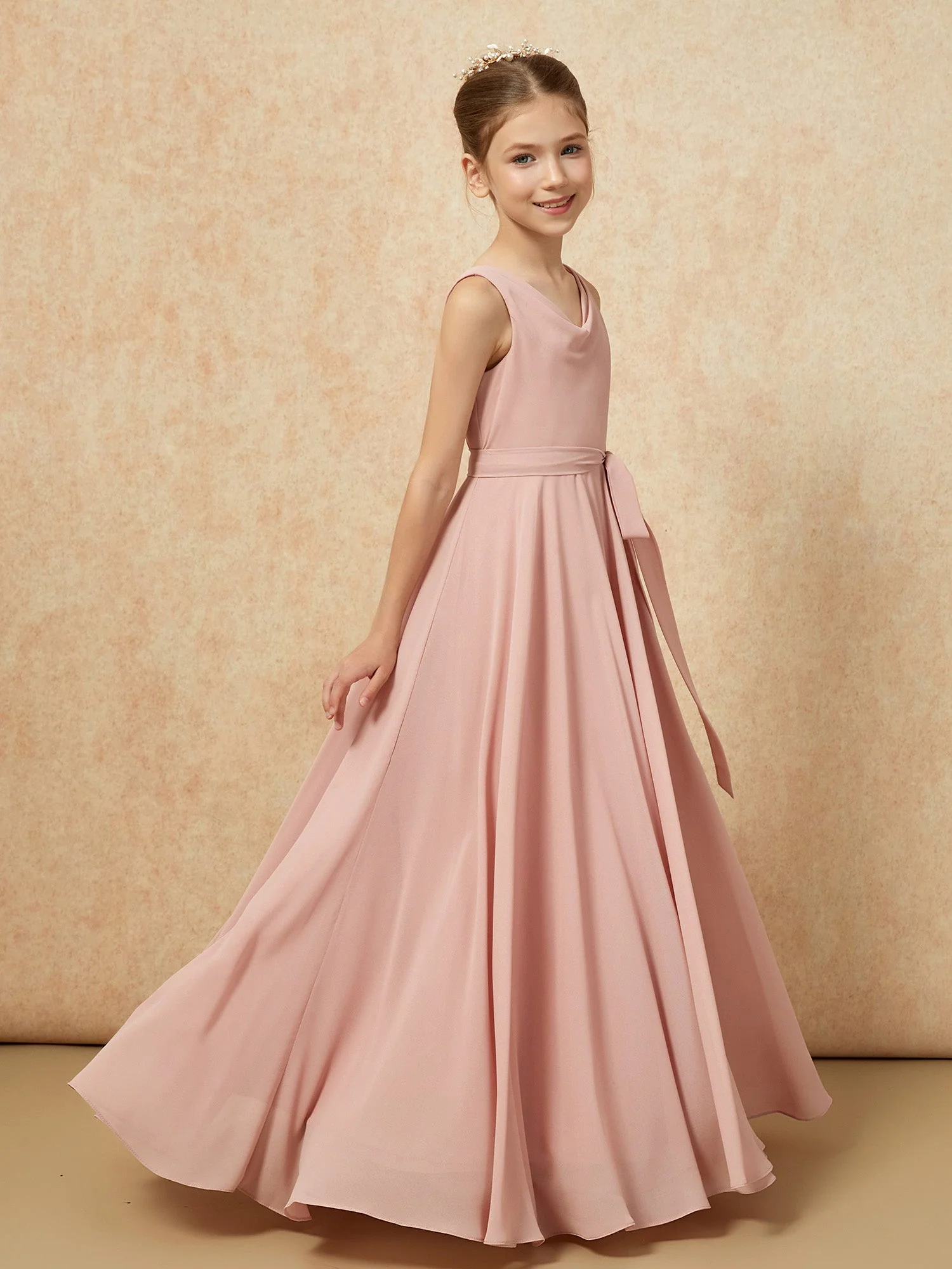 V-Ausschnitt Lang Chiffon Junge Brautjungfernkleider mit Gürtel Staubige Rosa - Image 3