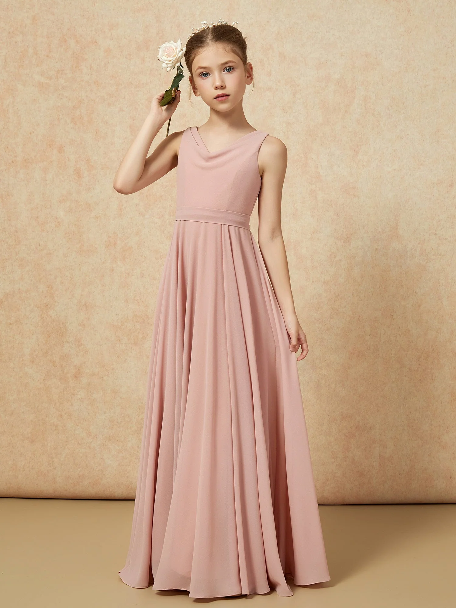 V-Ausschnitt Lang Chiffon Junge Brautjungfernkleider mit Gürtel Staubige Rosa - Image 4