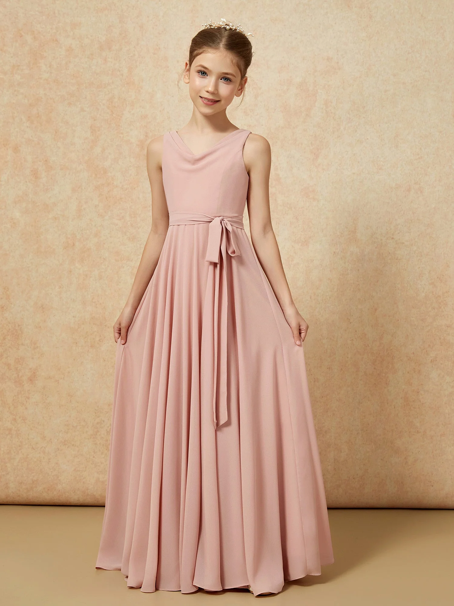 V-Ausschnitt Lang Chiffon Junge Brautjungfernkleider mit Gürtel Staubige Rosa - Image 5