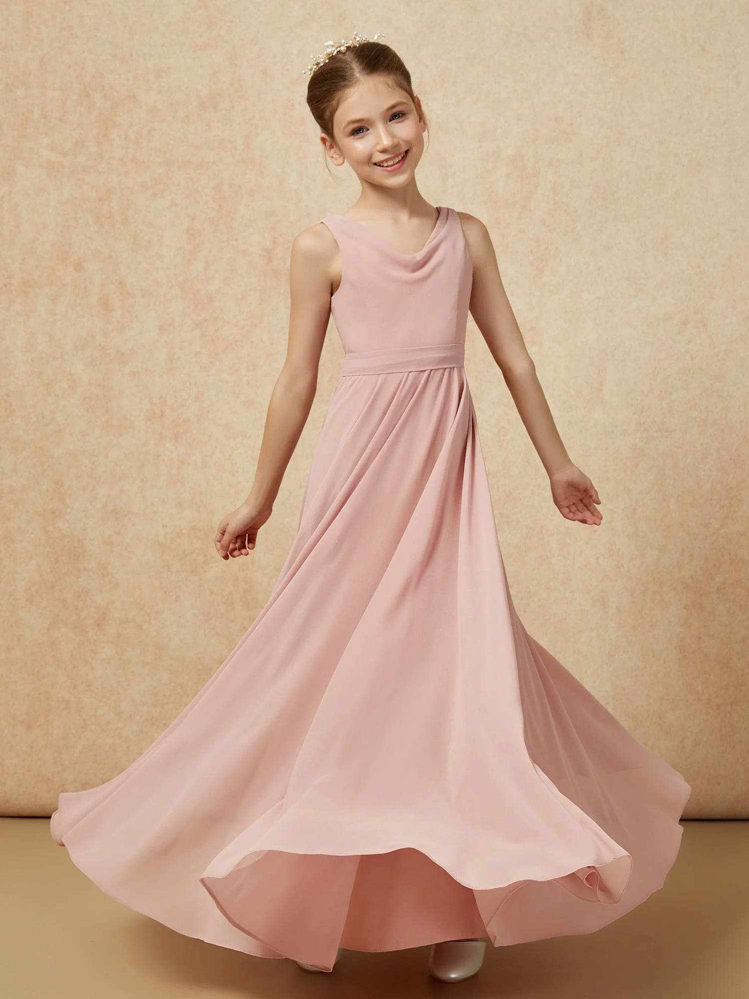V-Ausschnitt Lang Chiffon Junge Brautjungfernkleider mit Gürtel Staubige Rosa - Image 6