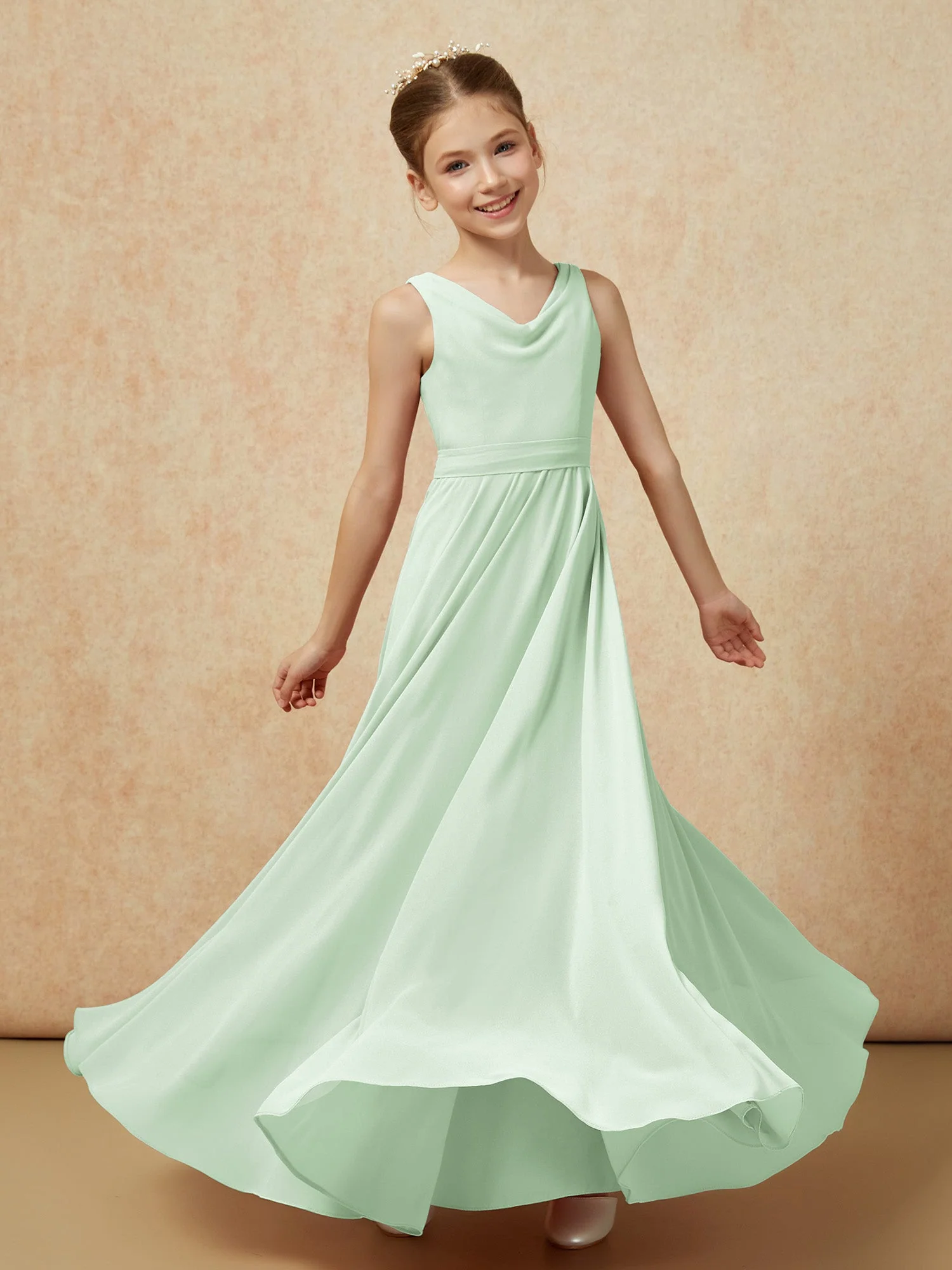 V-Ausschnitt Lang Chiffon Junge Brautjungfernkleider mit Gürtel Staubiges Salbei - Image 6