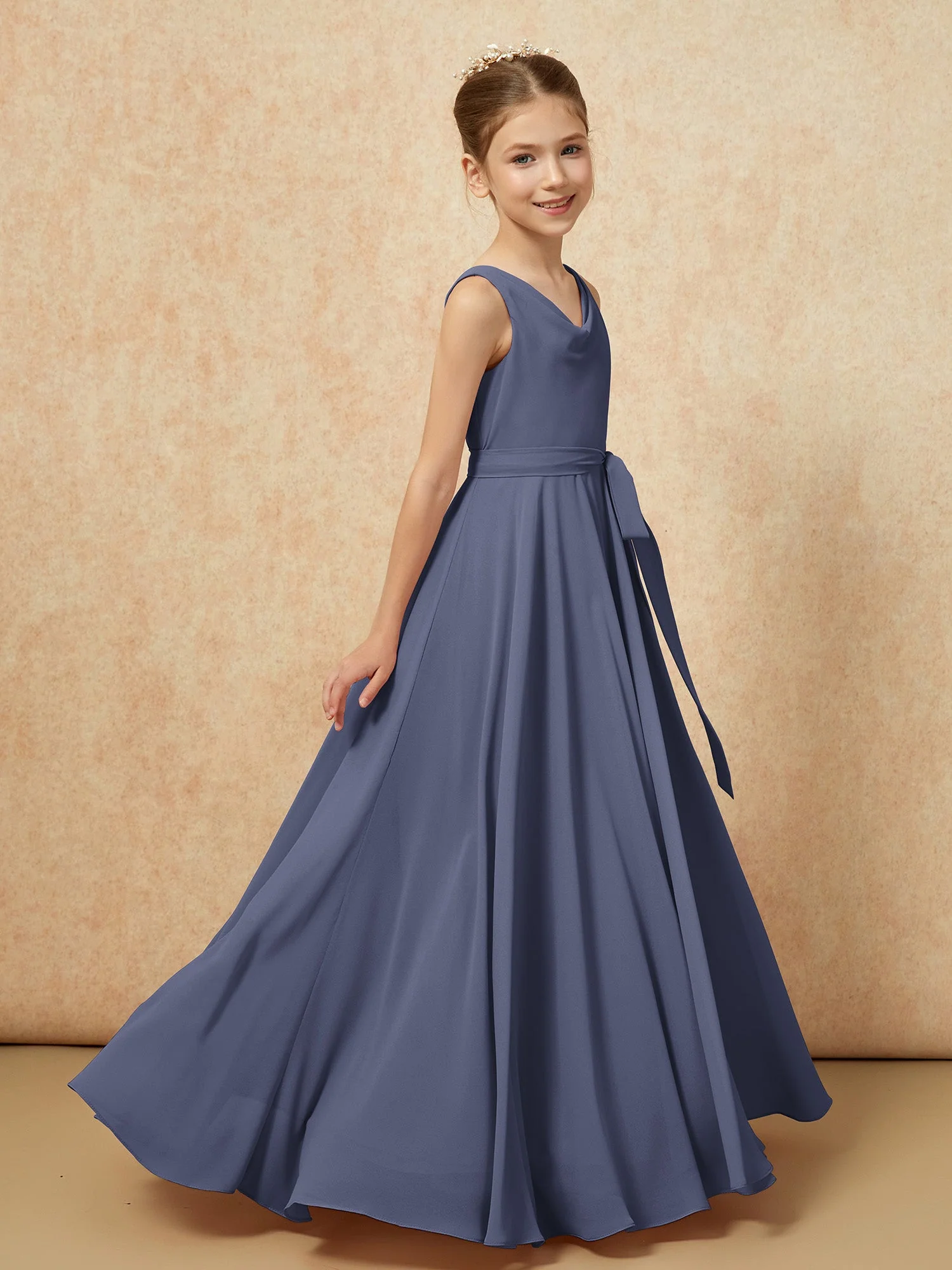 V-Ausschnitt Lang Chiffon Junge Brautjungfernkleider mit Gürtel Sturm - Image 3