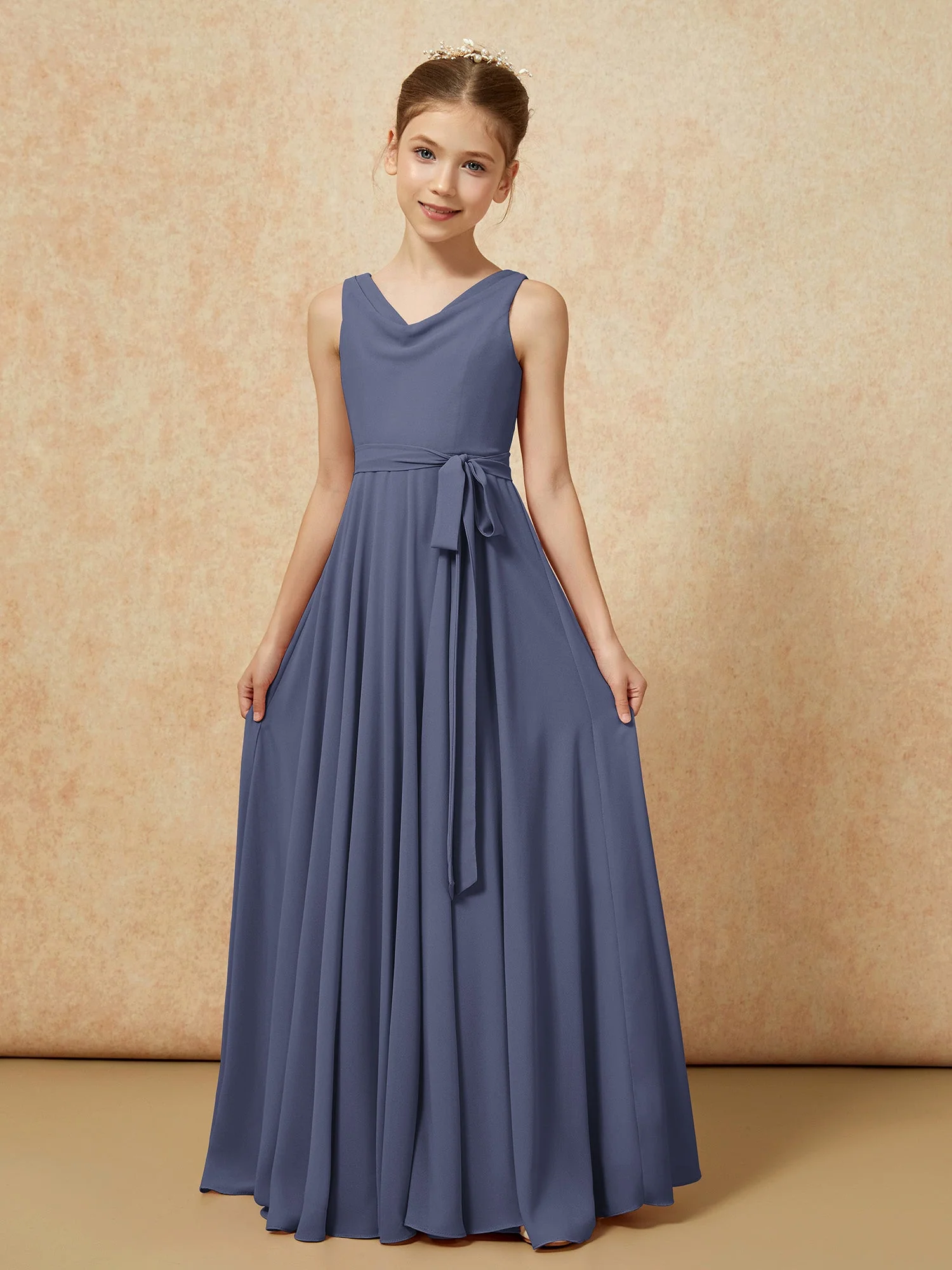 V-Ausschnitt Lang Chiffon Junge Brautjungfernkleider mit Gürtel Sturm - Image 5