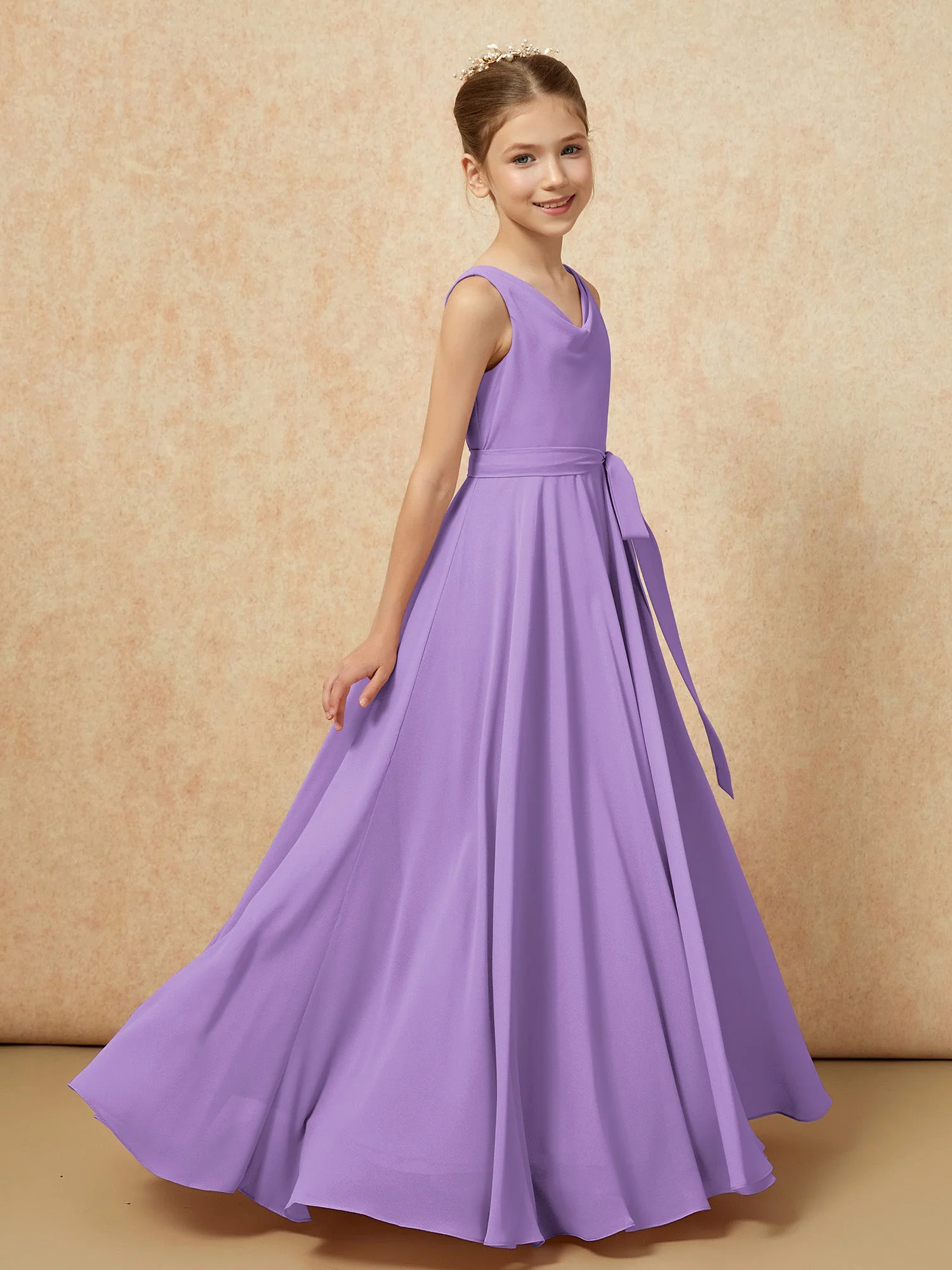 V-Ausschnitt Lang Chiffon Junge Brautjungfernkleider mit Gürtel Tahiti - Image 3