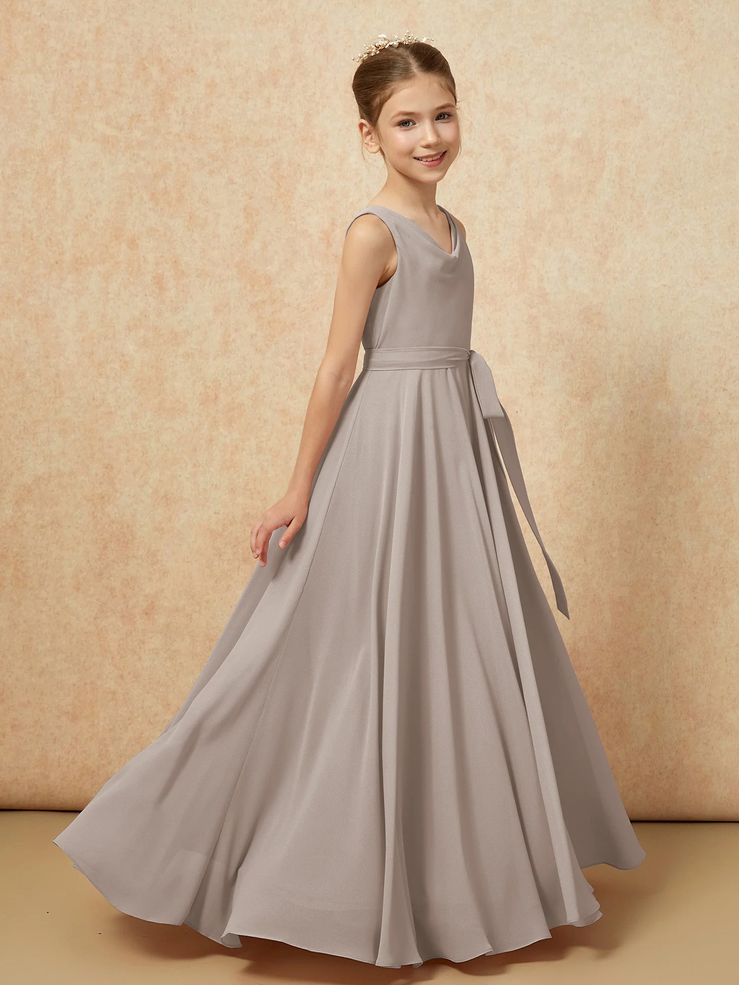V-Ausschnitt Lang Chiffon Junge Brautjungfernkleider mit Gürtel Taupe - Image 3