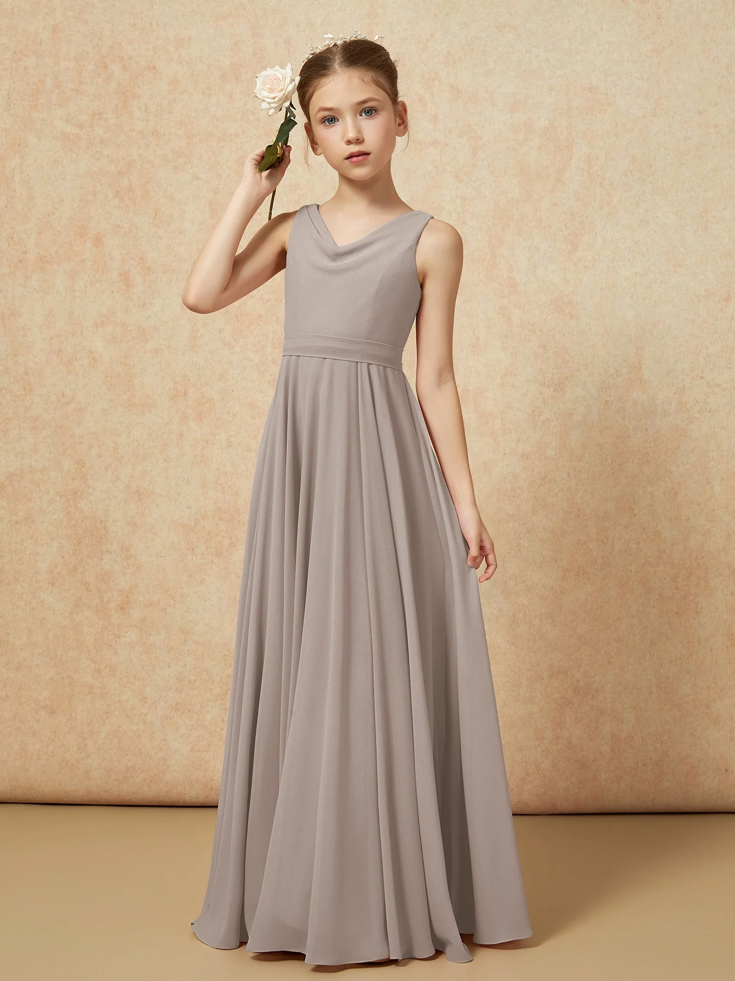 V-Ausschnitt Lang Chiffon Junge Brautjungfernkleider mit Gürtel Taupe - Image 4