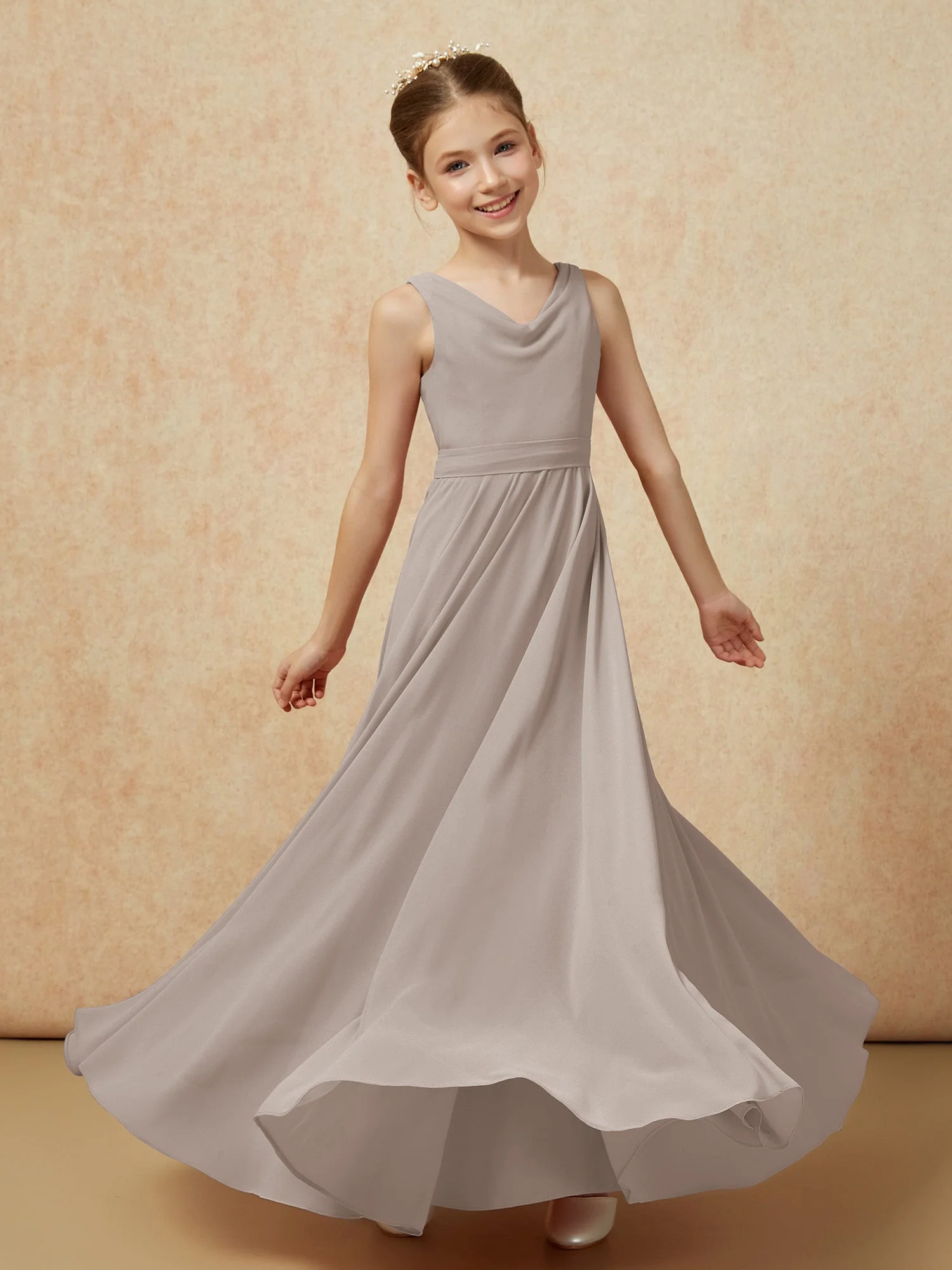 V-Ausschnitt Lang Chiffon Junge Brautjungfernkleider mit Gürtel Taupe - Image 6