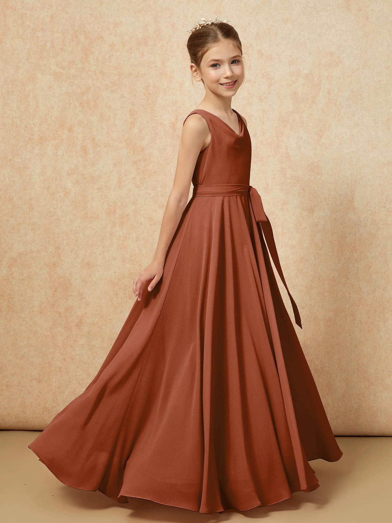 V-Ausschnitt Lang Chiffon Junge Brautjungfernkleider mit Gürtel Terrakotta - Image 3