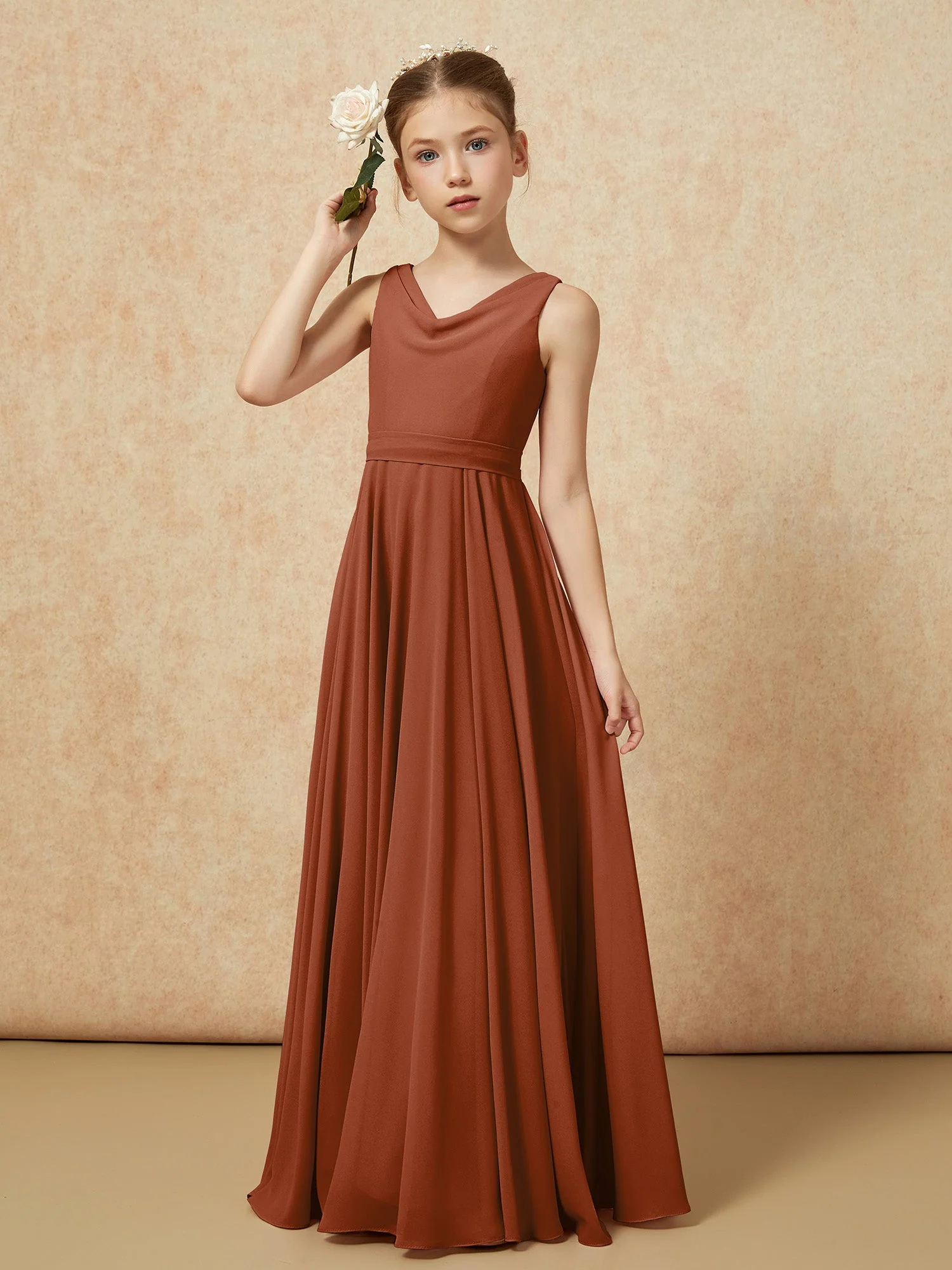 V-Ausschnitt Lang Chiffon Junge Brautjungfernkleider mit Gürtel Terrakotta - Image 4