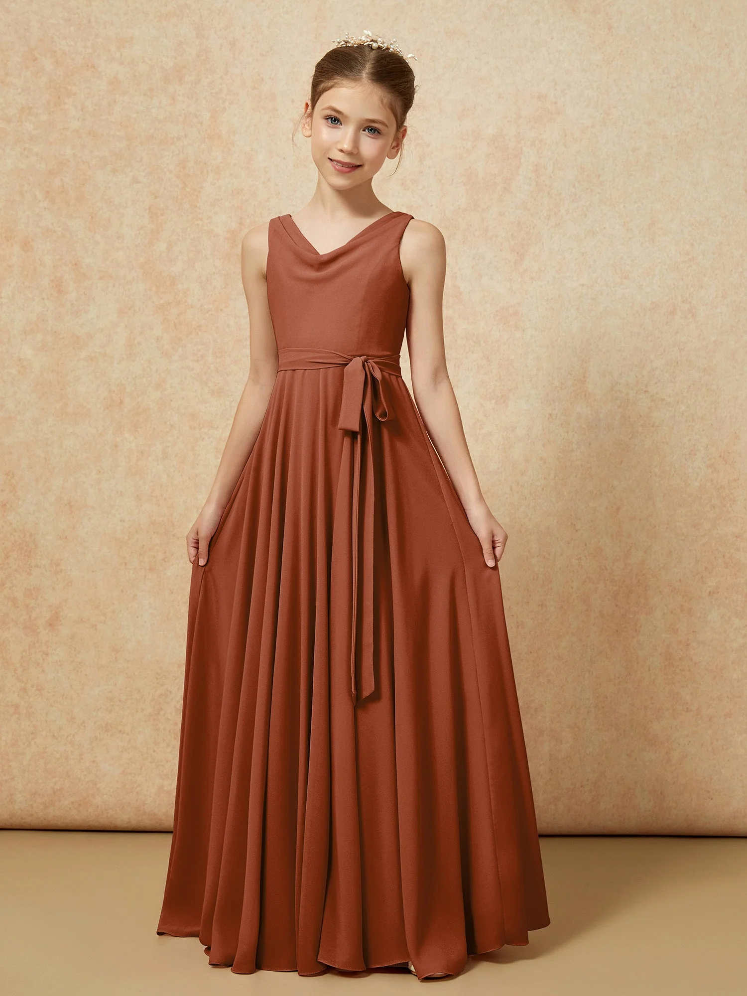 V-Ausschnitt Lang Chiffon Junge Brautjungfernkleider mit Gürtel Terrakotta - Image 5