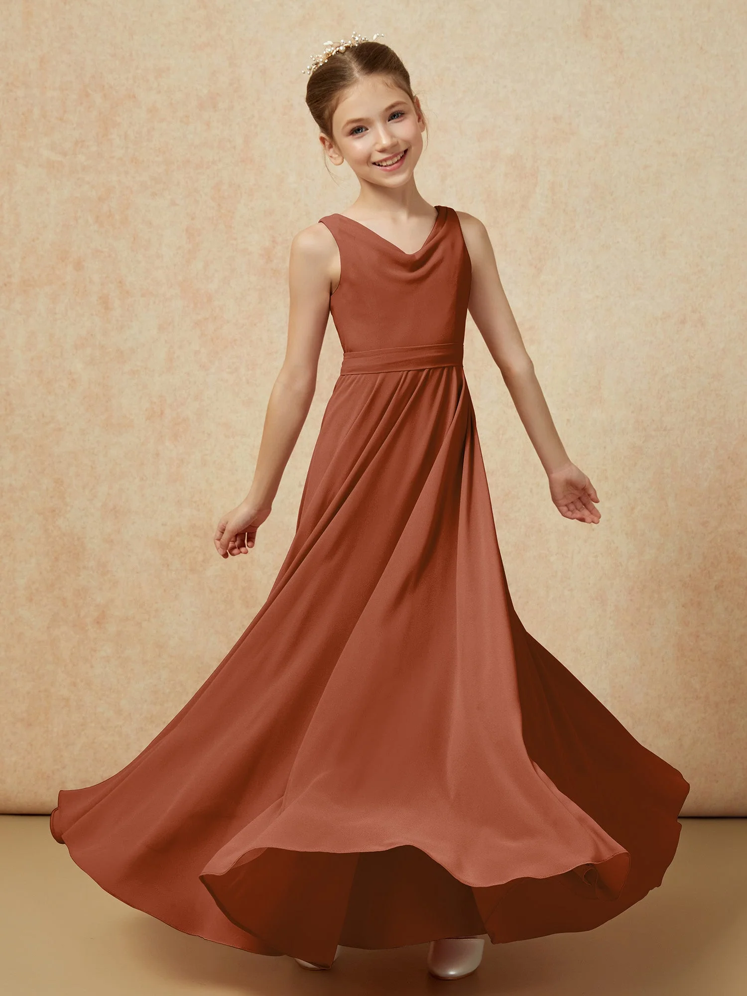 V-Ausschnitt Lang Chiffon Junge Brautjungfernkleider mit Gürtel Terrakotta - Image 6