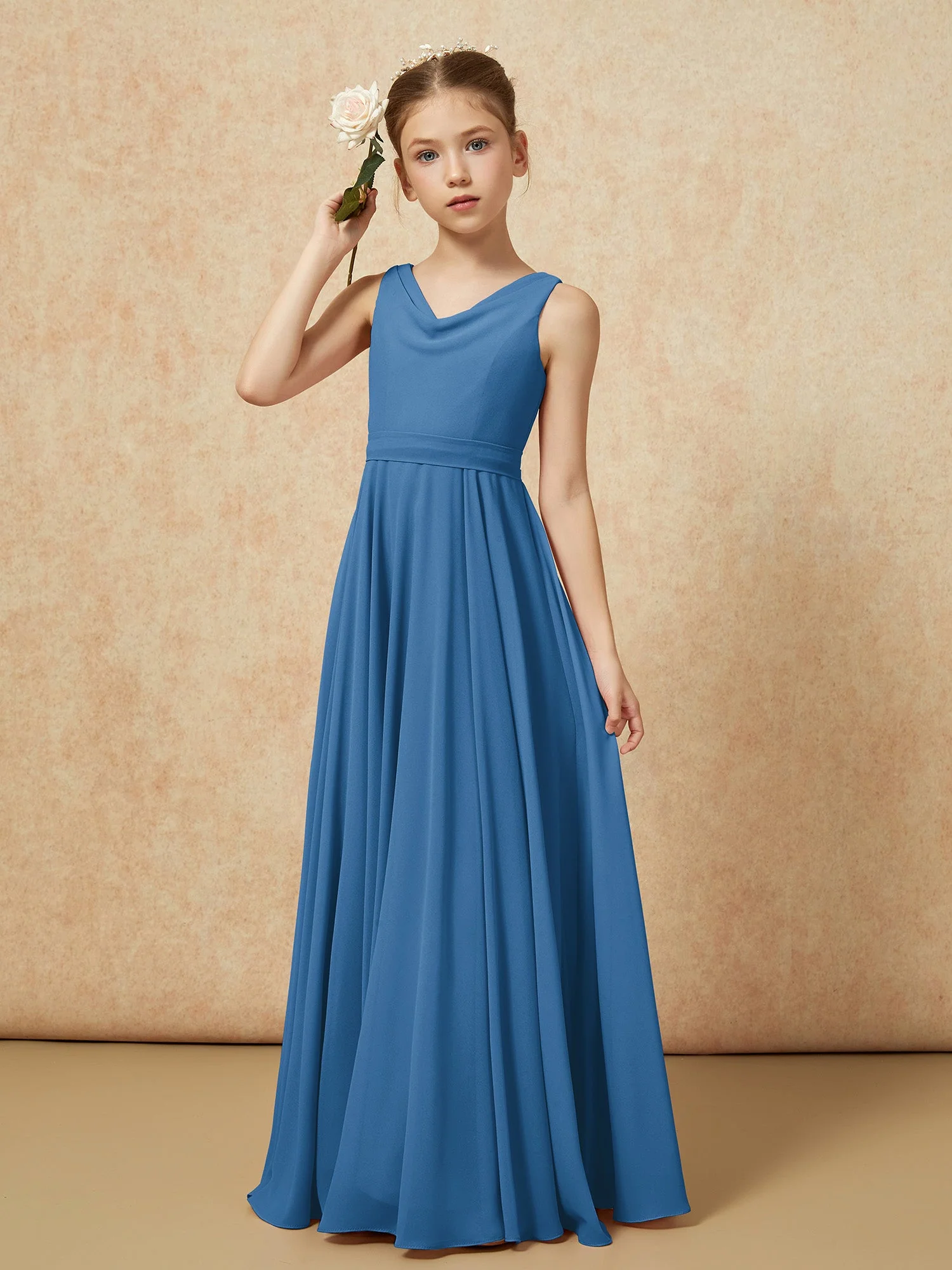 V-Ausschnitt Lang Chiffon Junge Brautjungfernkleider mit Gürtel Tinte Blau - Image 4