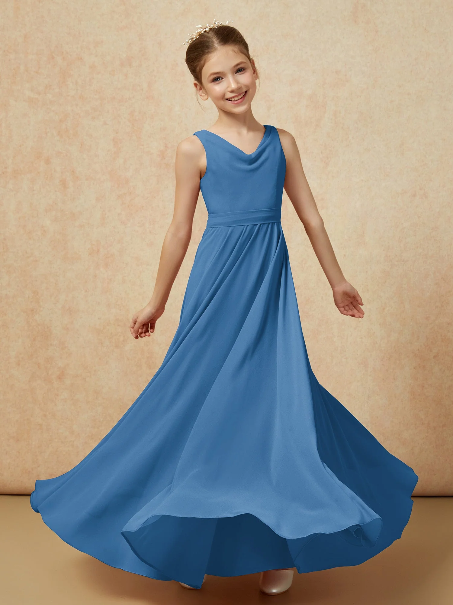 V-Ausschnitt Lang Chiffon Junge Brautjungfernkleider mit Gürtel Tinte Blau - Image 6