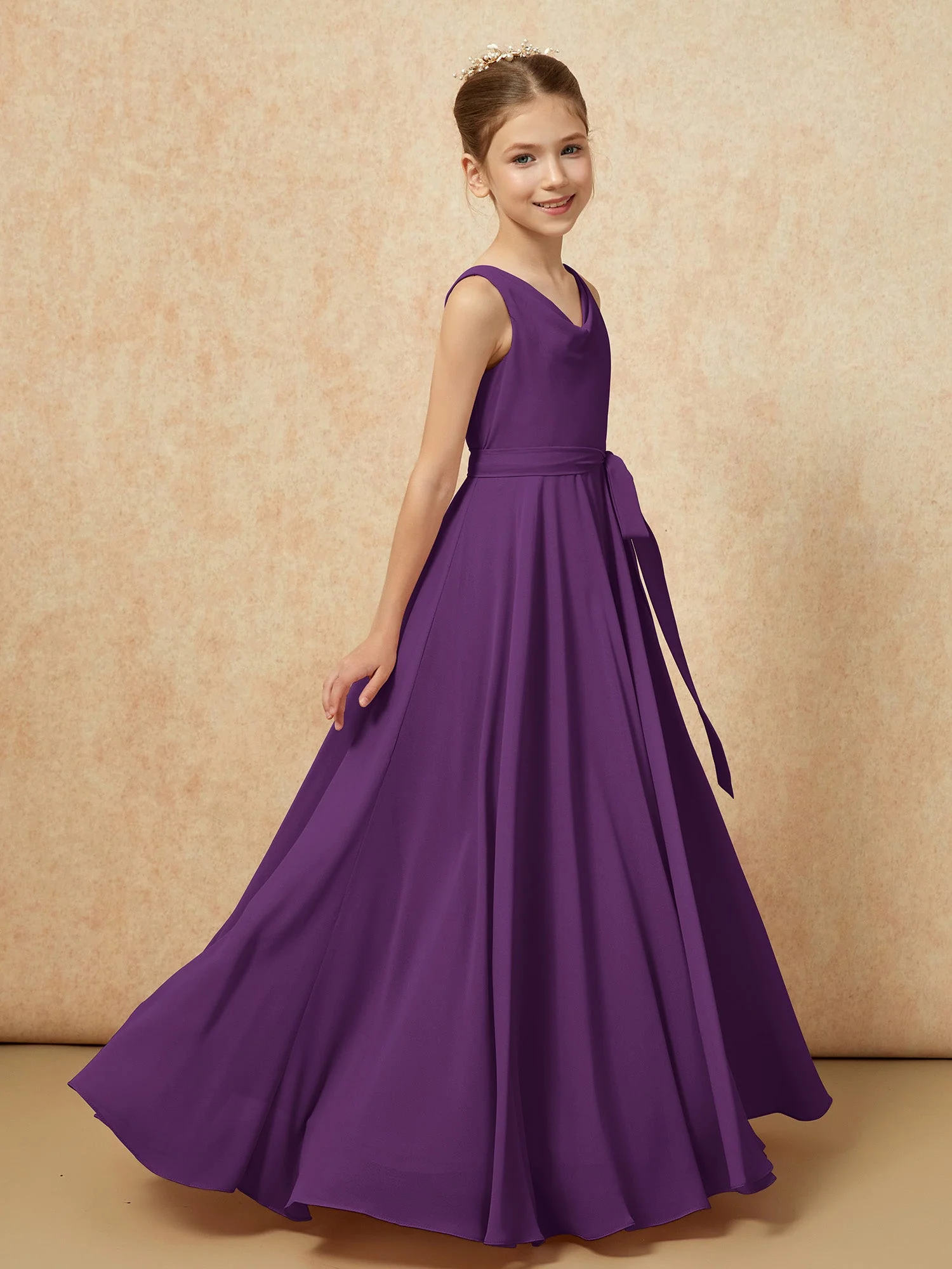 V-Ausschnitt Lang Chiffon Junge Brautjungfernkleider mit Gürtel Traube - Image 3