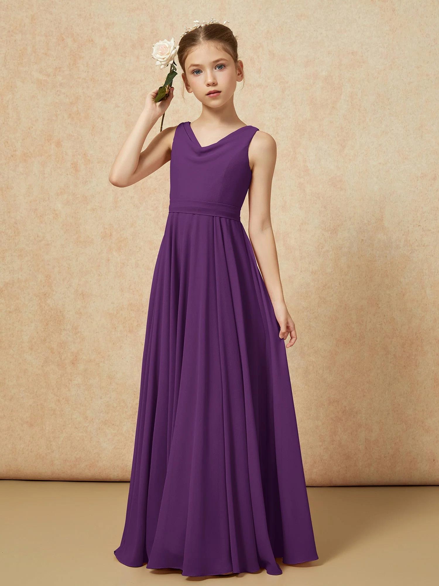 V-Ausschnitt Lang Chiffon Junge Brautjungfernkleider mit Gürtel Traube - Image 4