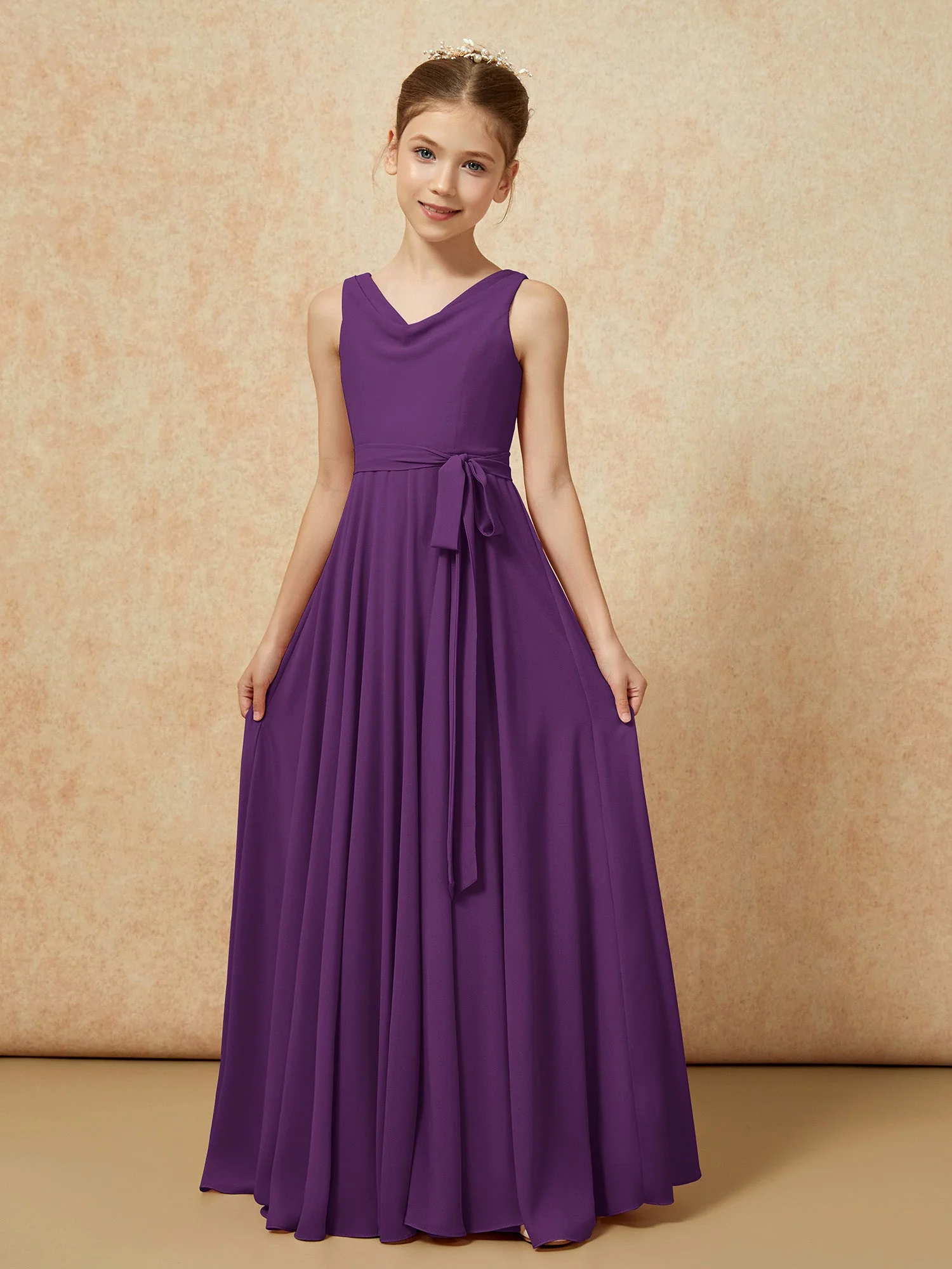 V-Ausschnitt Lang Chiffon Junge Brautjungfernkleider mit Gürtel Traube - Image 5