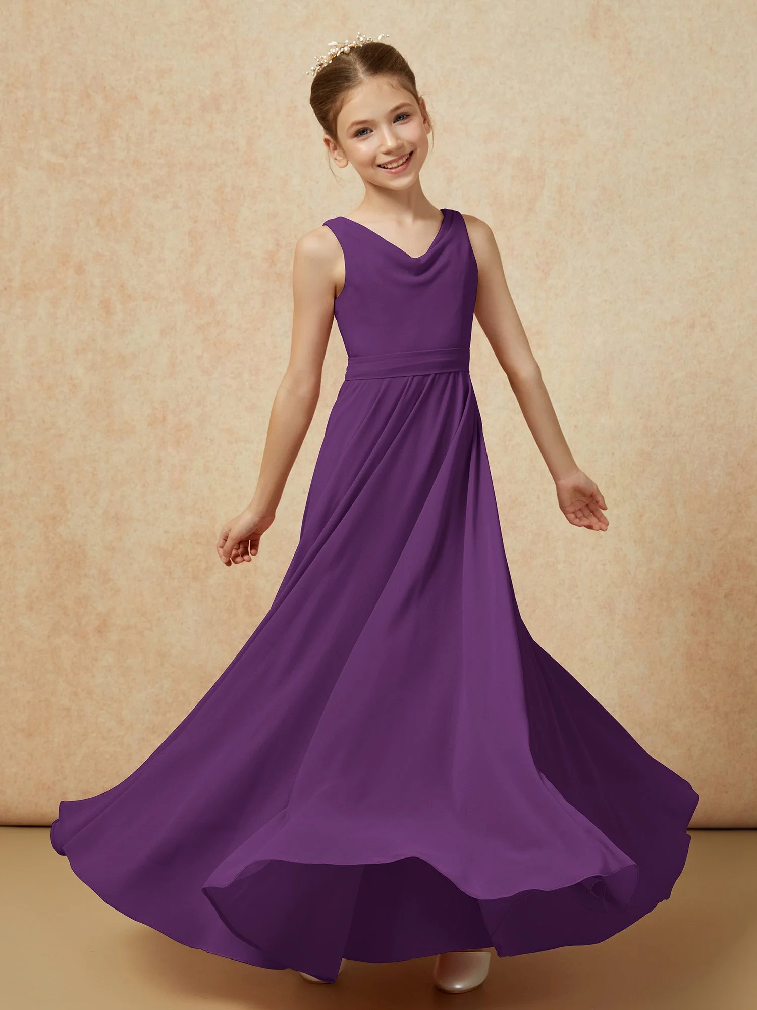 V-Ausschnitt Lang Chiffon Junge Brautjungfernkleider mit Gürtel Traube - Image 6