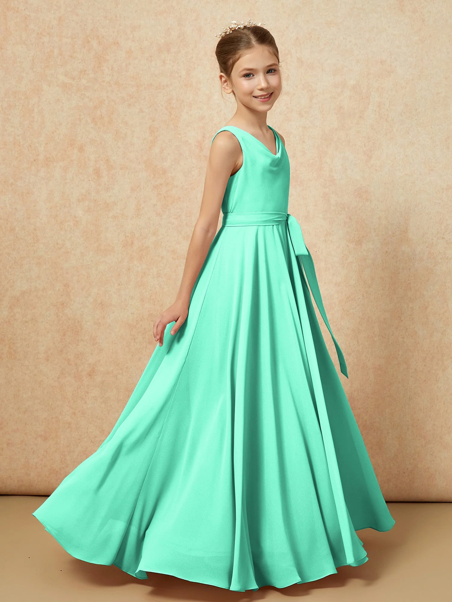 V-Ausschnitt Lang Chiffon Junge Brautjungfernkleider mit Gürtel Türkis - Image 3