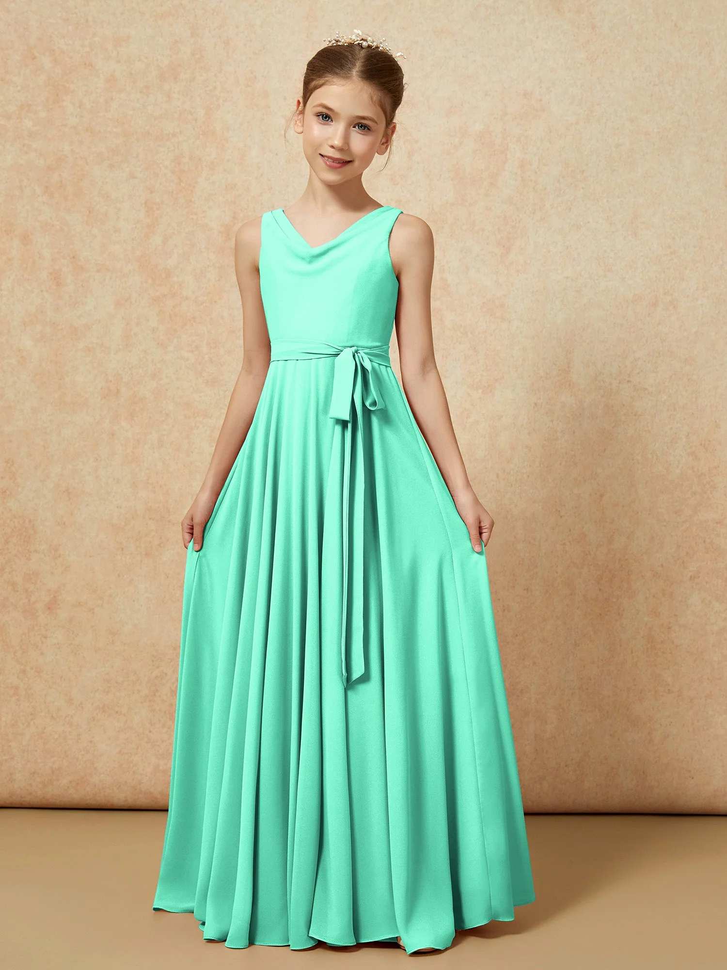 V-Ausschnitt Lang Chiffon Junge Brautjungfernkleider mit Gürtel Türkis - Image 5