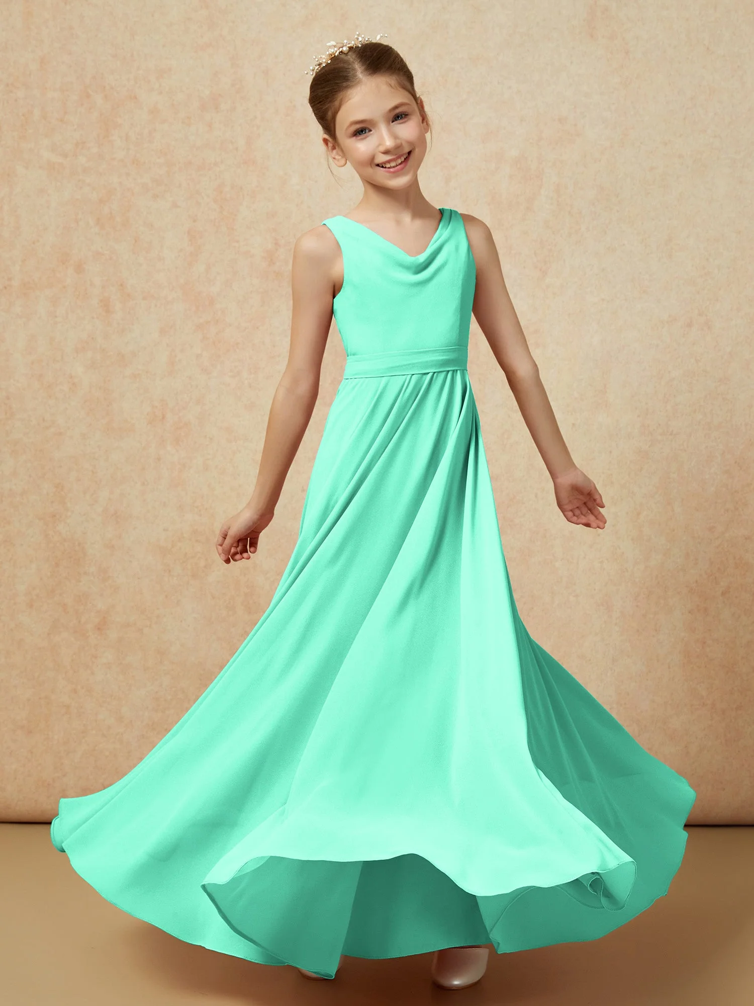 V-Ausschnitt Lang Chiffon Junge Brautjungfernkleider mit Gürtel Türkis - Image 6
