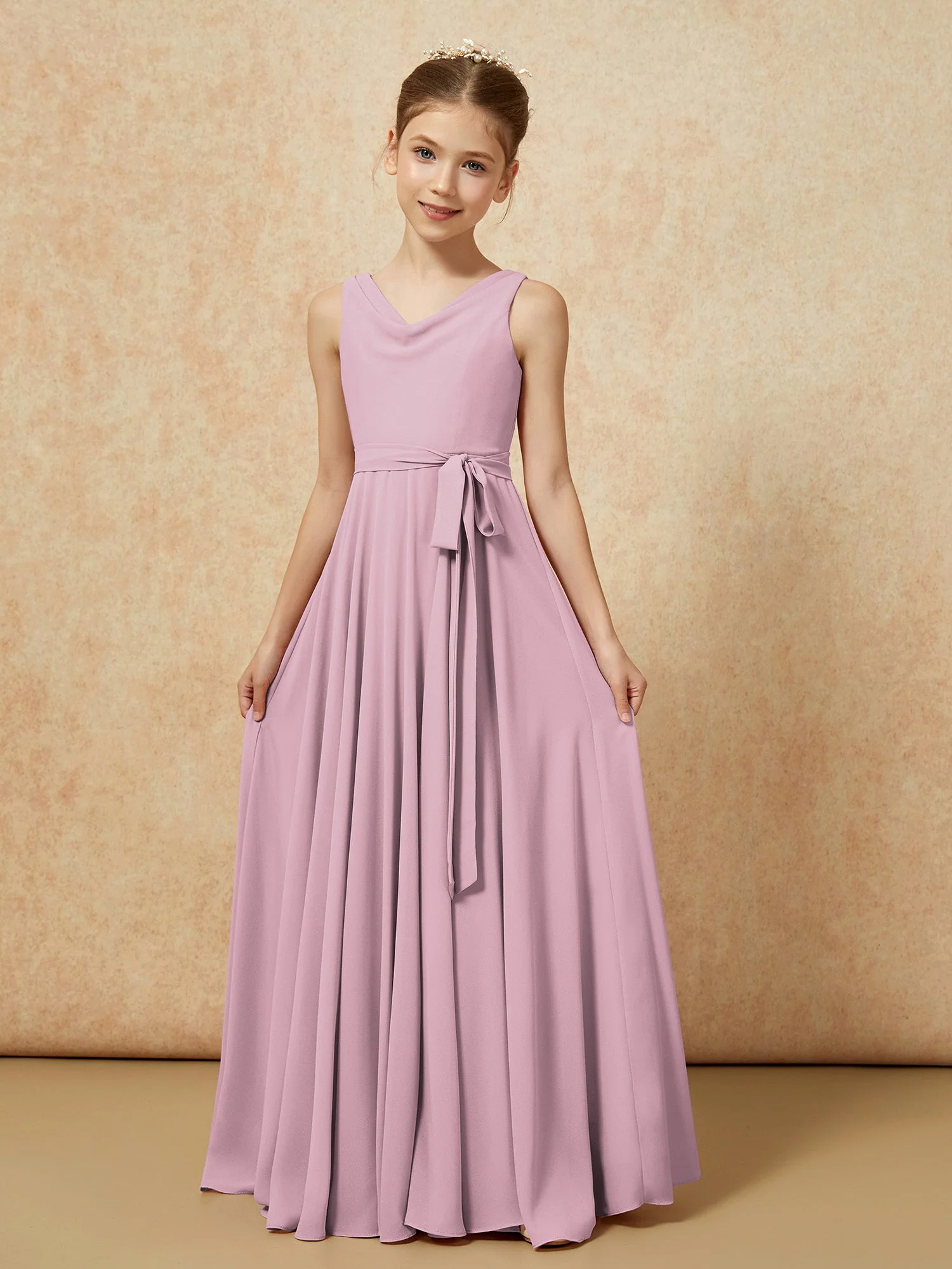 V-Ausschnitt Lang Chiffon Junge Brautjungfernkleider mit Gürtel Vintage Mauve - Image 5