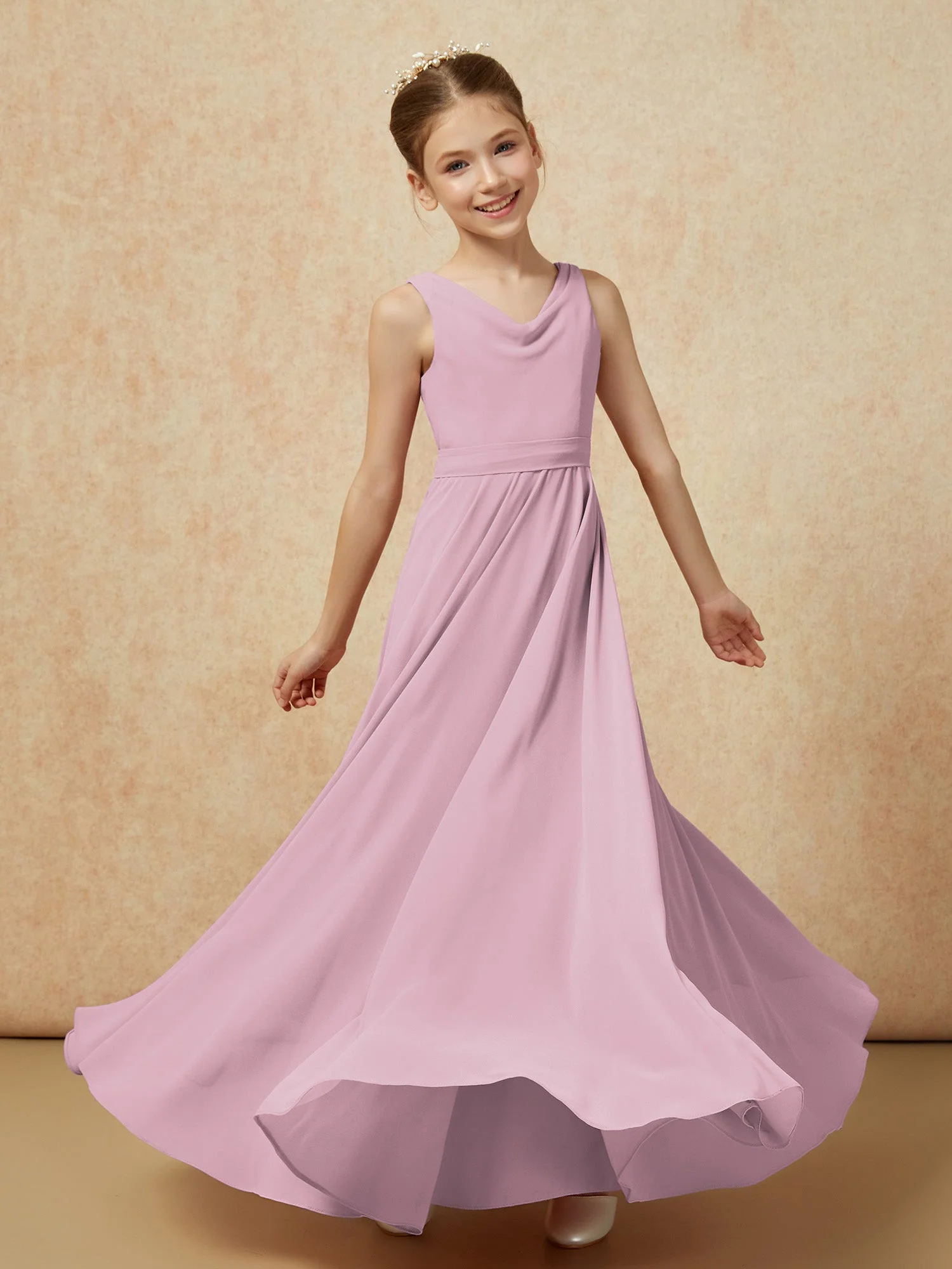 V-Ausschnitt Lang Chiffon Junge Brautjungfernkleider mit Gürtel Vintage Mauve - Image 6