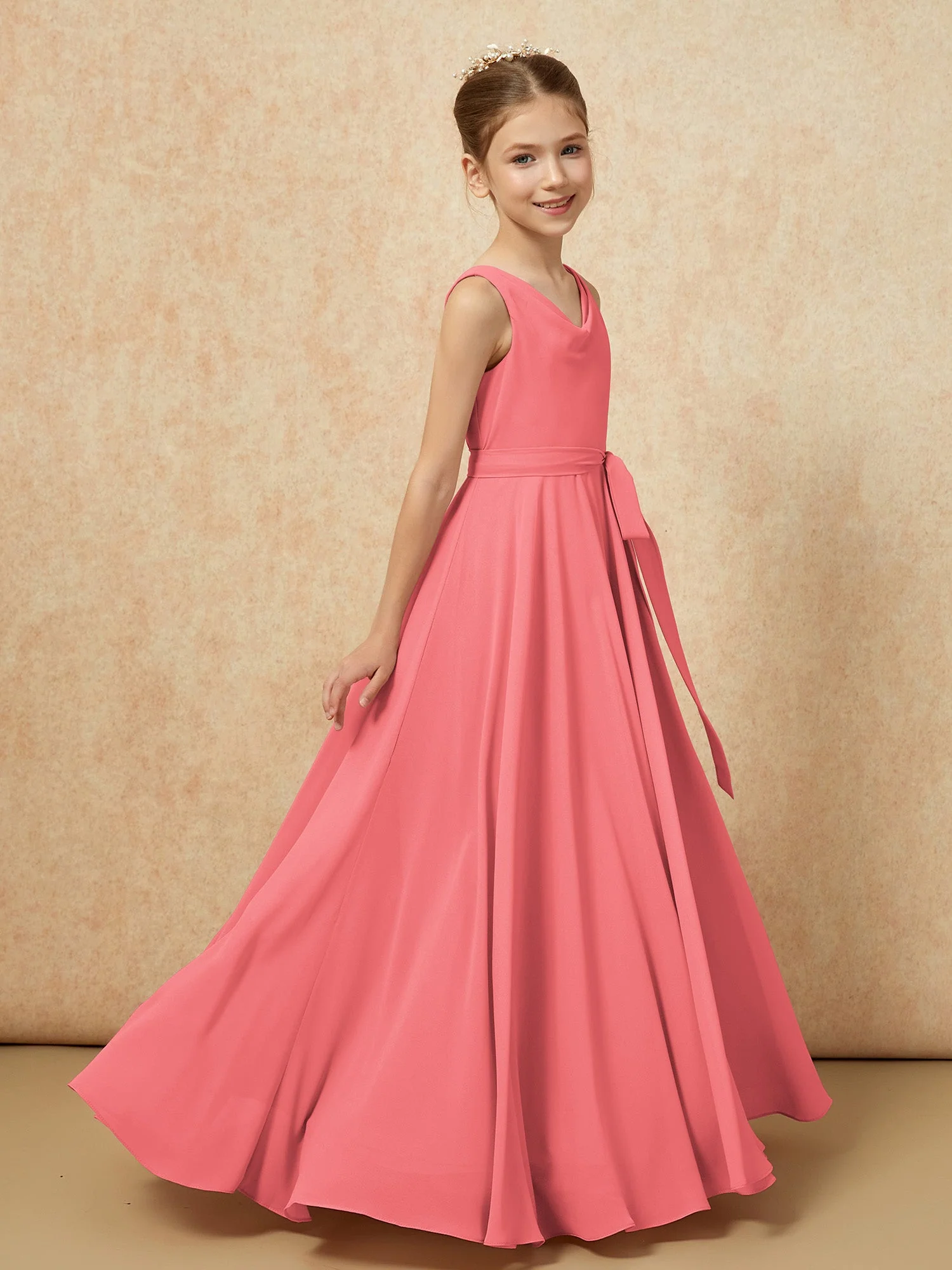 V-Ausschnitt Lang Chiffon Junge Brautjungfernkleider mit Gürtel Wassermelone - Image 3