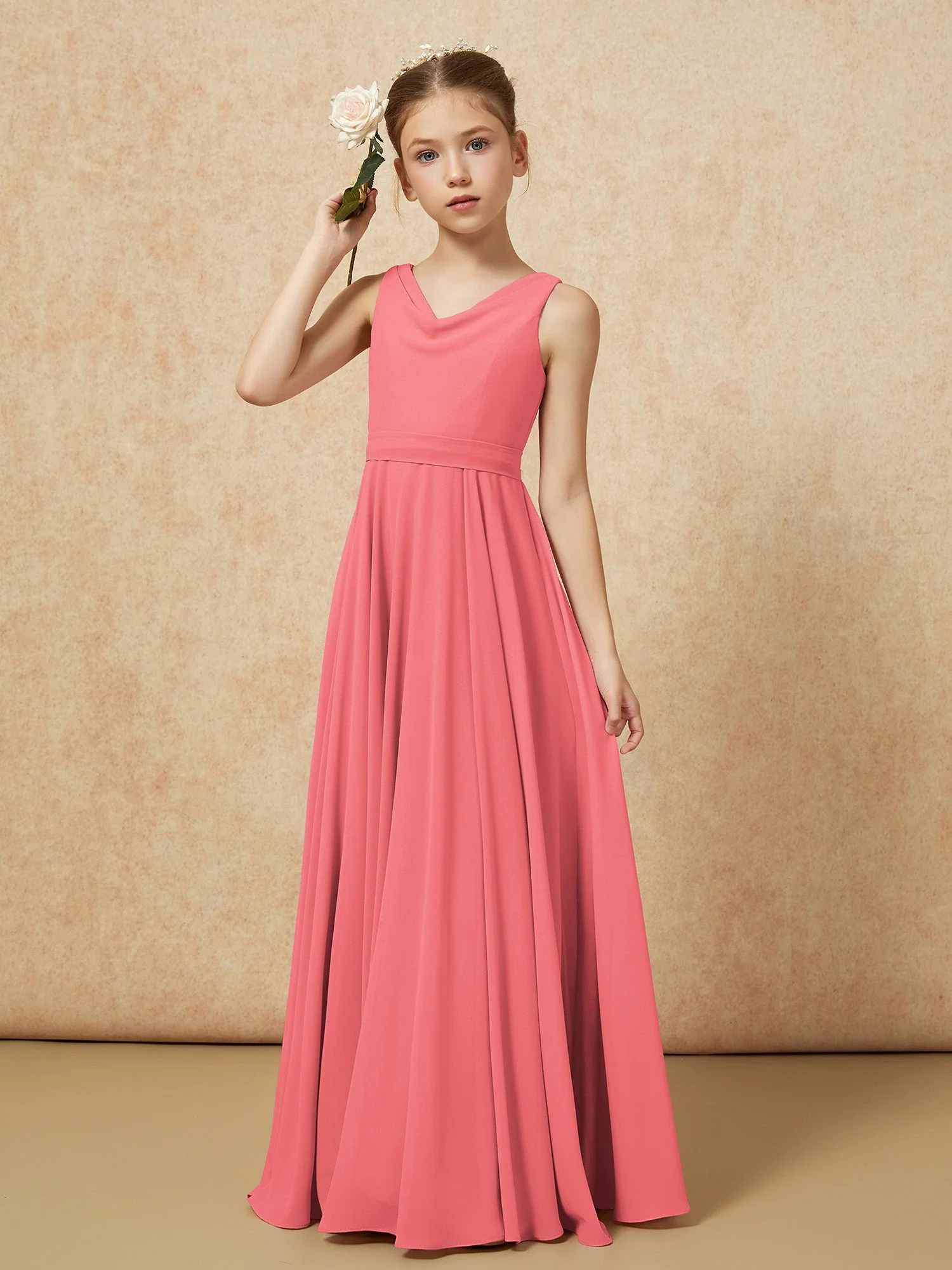 V-Ausschnitt Lang Chiffon Junge Brautjungfernkleider mit Gürtel Wassermelone - Image 4