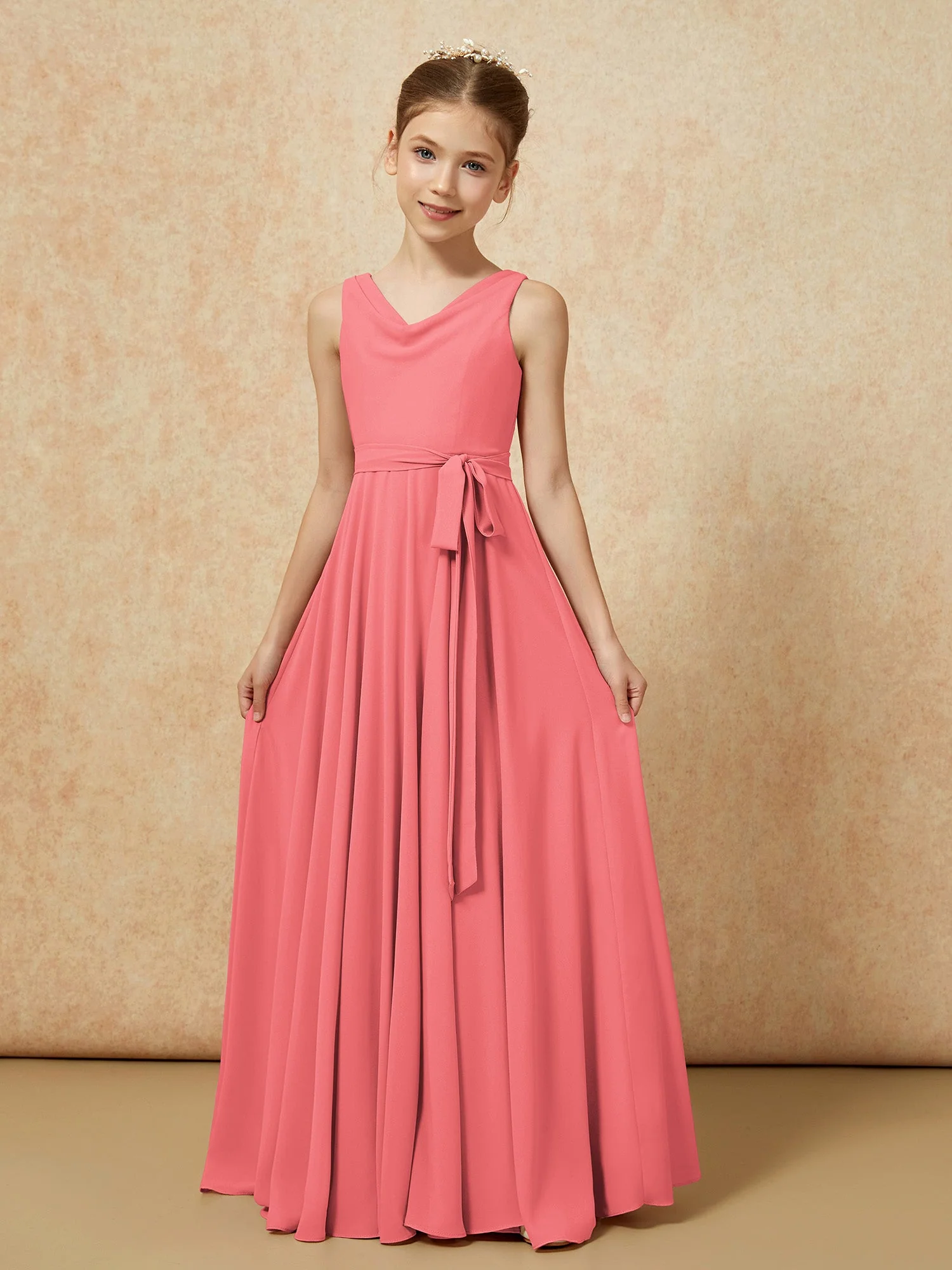 V-Ausschnitt Lang Chiffon Junge Brautjungfernkleider mit Gürtel Wassermelone - Image 5