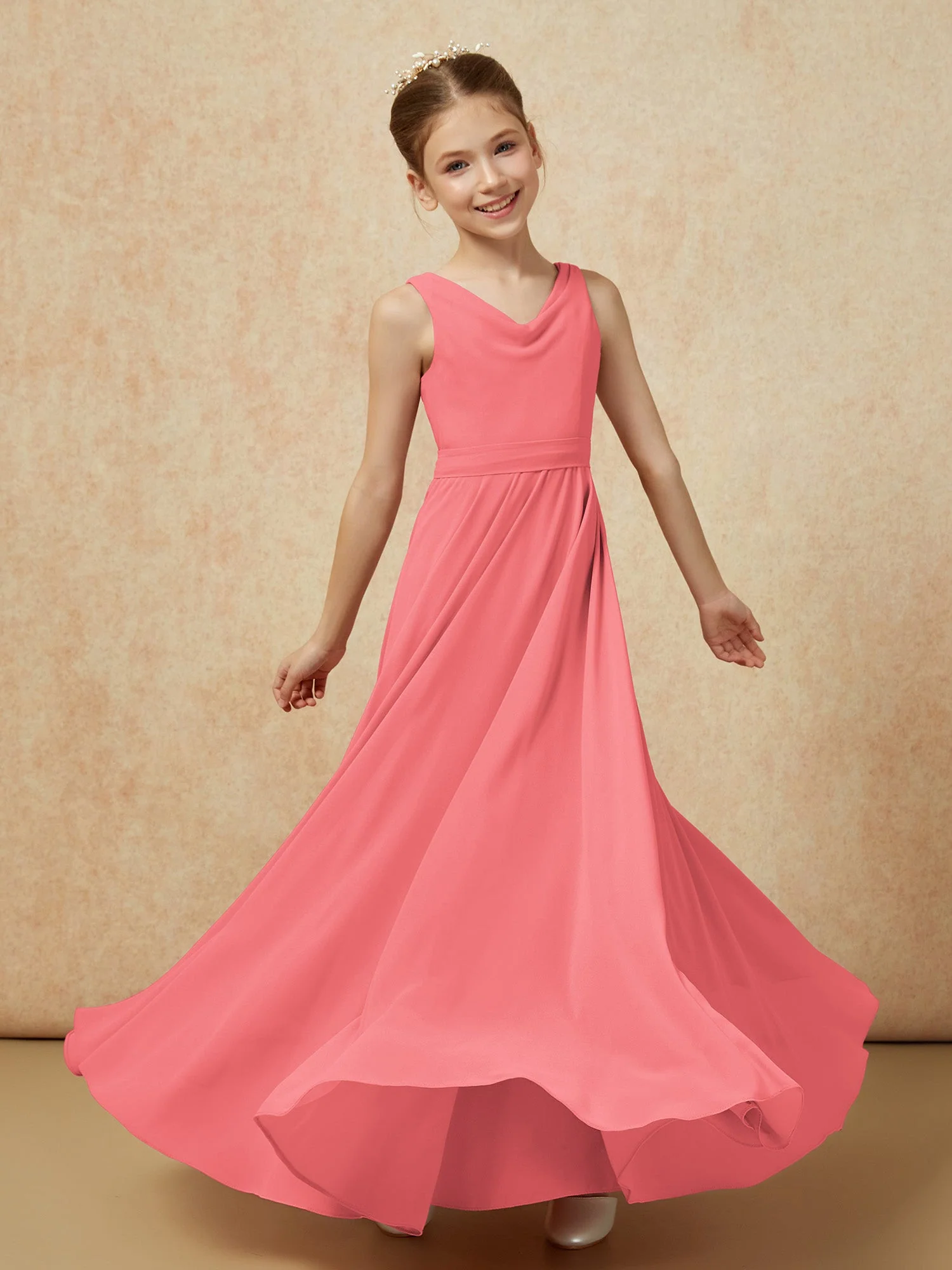 V-Ausschnitt Lang Chiffon Junge Brautjungfernkleider mit Gürtel Wassermelone - Image 6