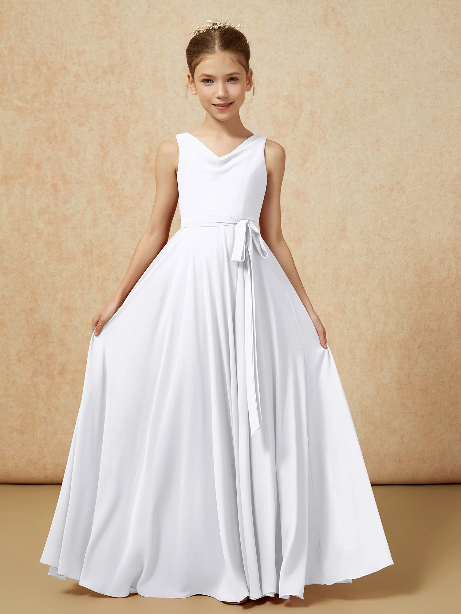 V-Ausschnitt Lang Chiffon Junge Brautjungfernkleider mit Gürtel Weiß