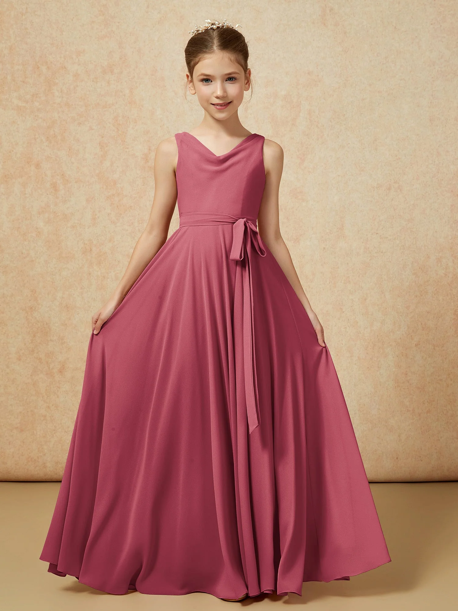 V-Ausschnitt Lang Chiffon Junge Brautjungfernkleider mit Gürtel Zimtrose