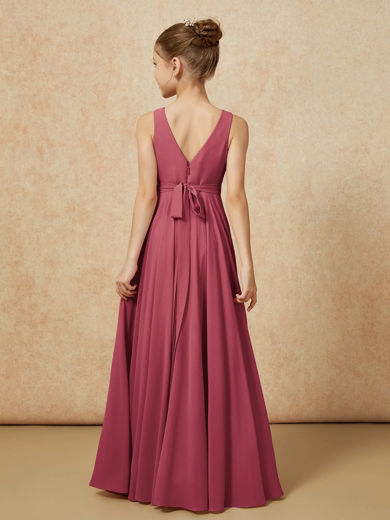 V-Ausschnitt Lang Chiffon Junge Brautjungfernkleider mit Gürtel Zimtrose - Image 2