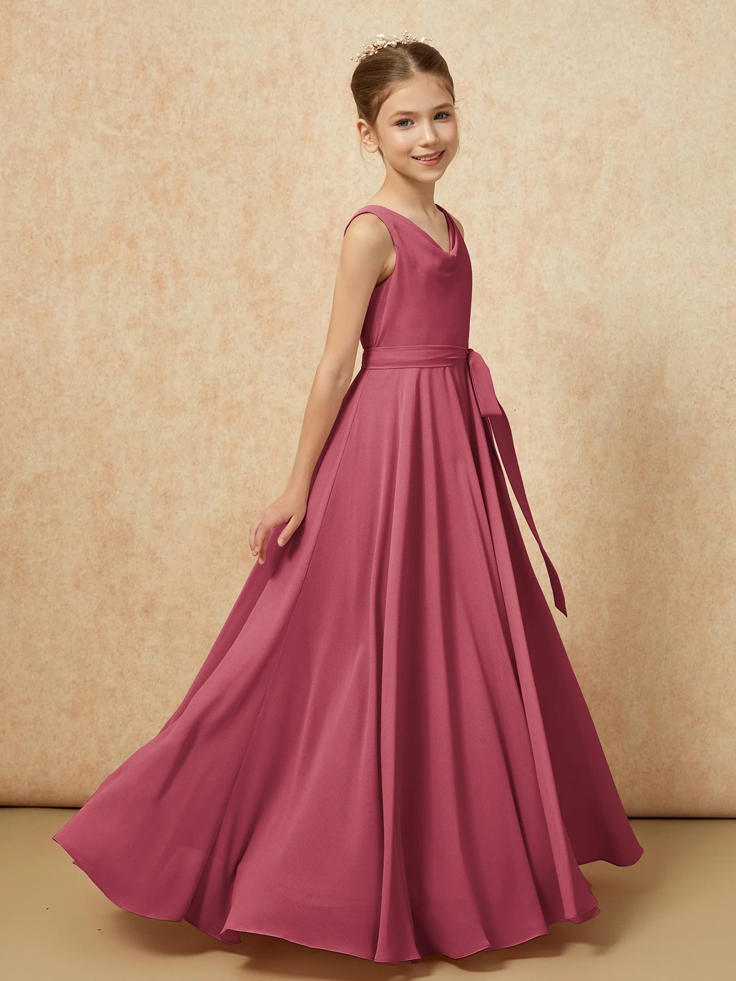 V-Ausschnitt Lang Chiffon Junge Brautjungfernkleider mit Gürtel Zimtrose - Image 3