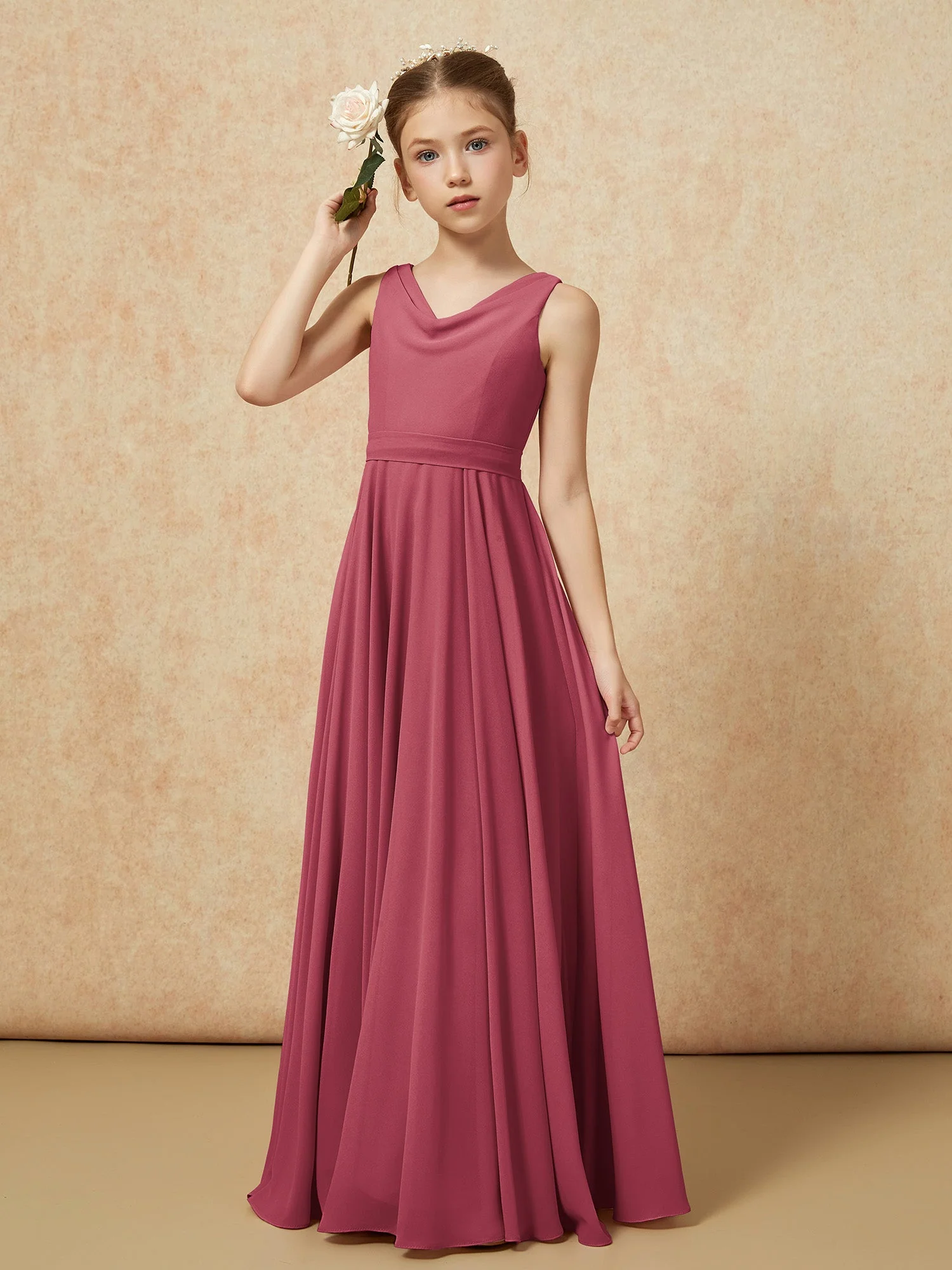 V-Ausschnitt Lang Chiffon Junge Brautjungfernkleider mit Gürtel Zimtrose - Image 4