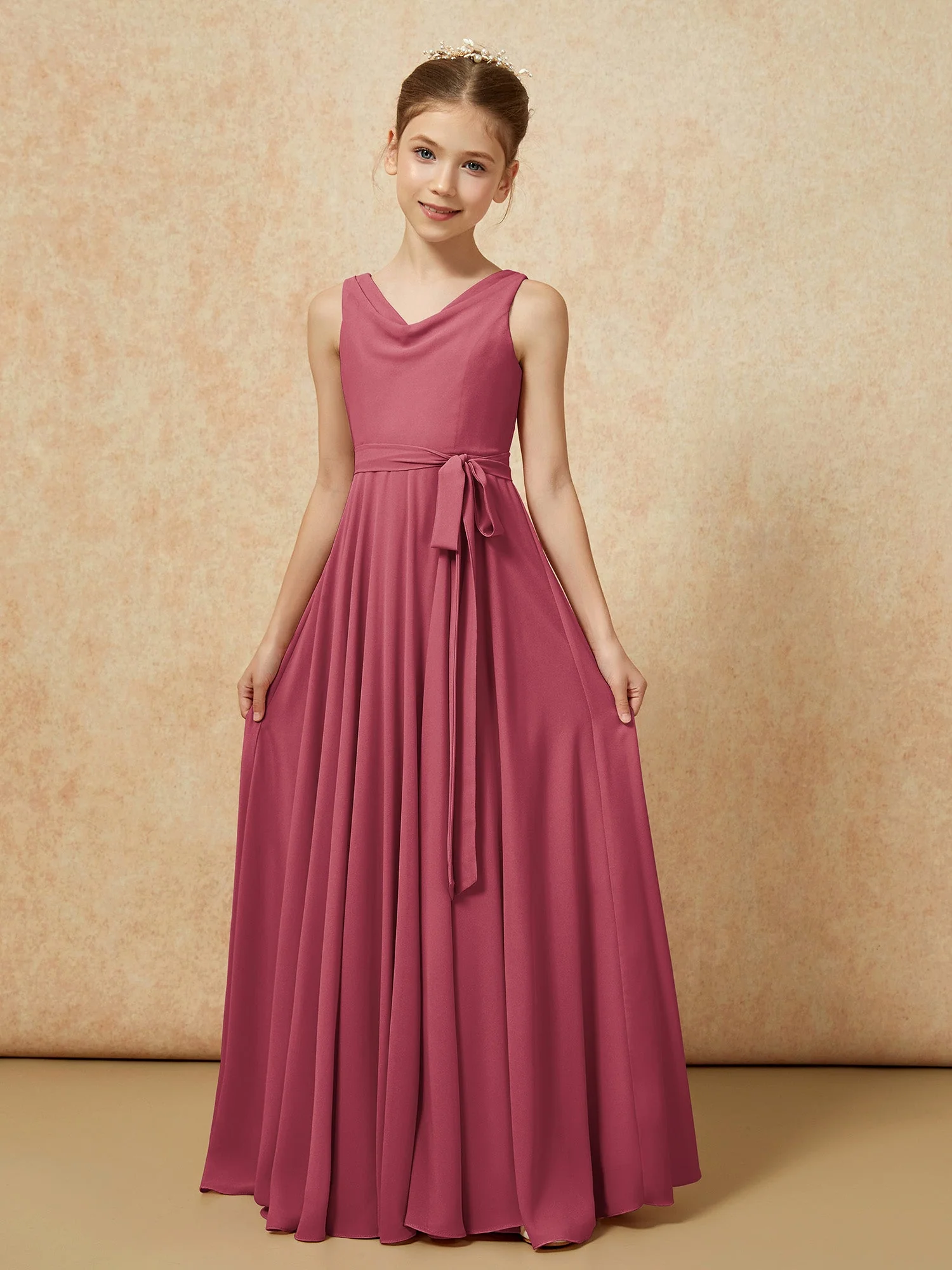 V-Ausschnitt Lang Chiffon Junge Brautjungfernkleider mit Gürtel Zimtrose - Image 5