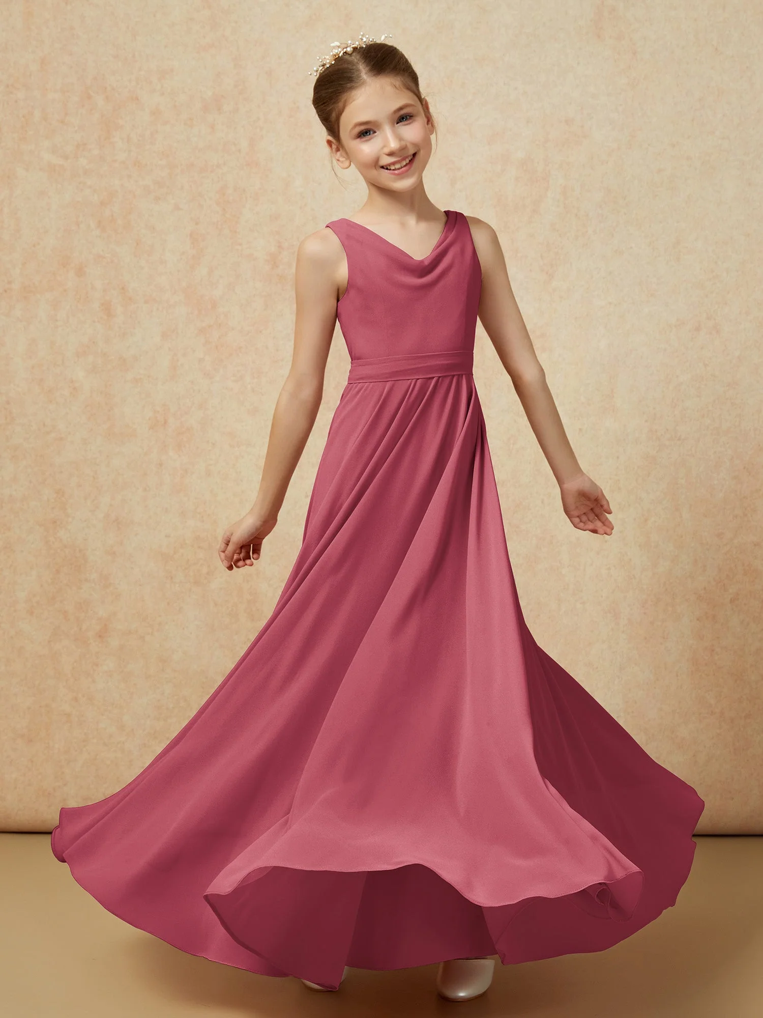 V-Ausschnitt Lang Chiffon Junge Brautjungfernkleider mit Gürtel Zimtrose - Image 6