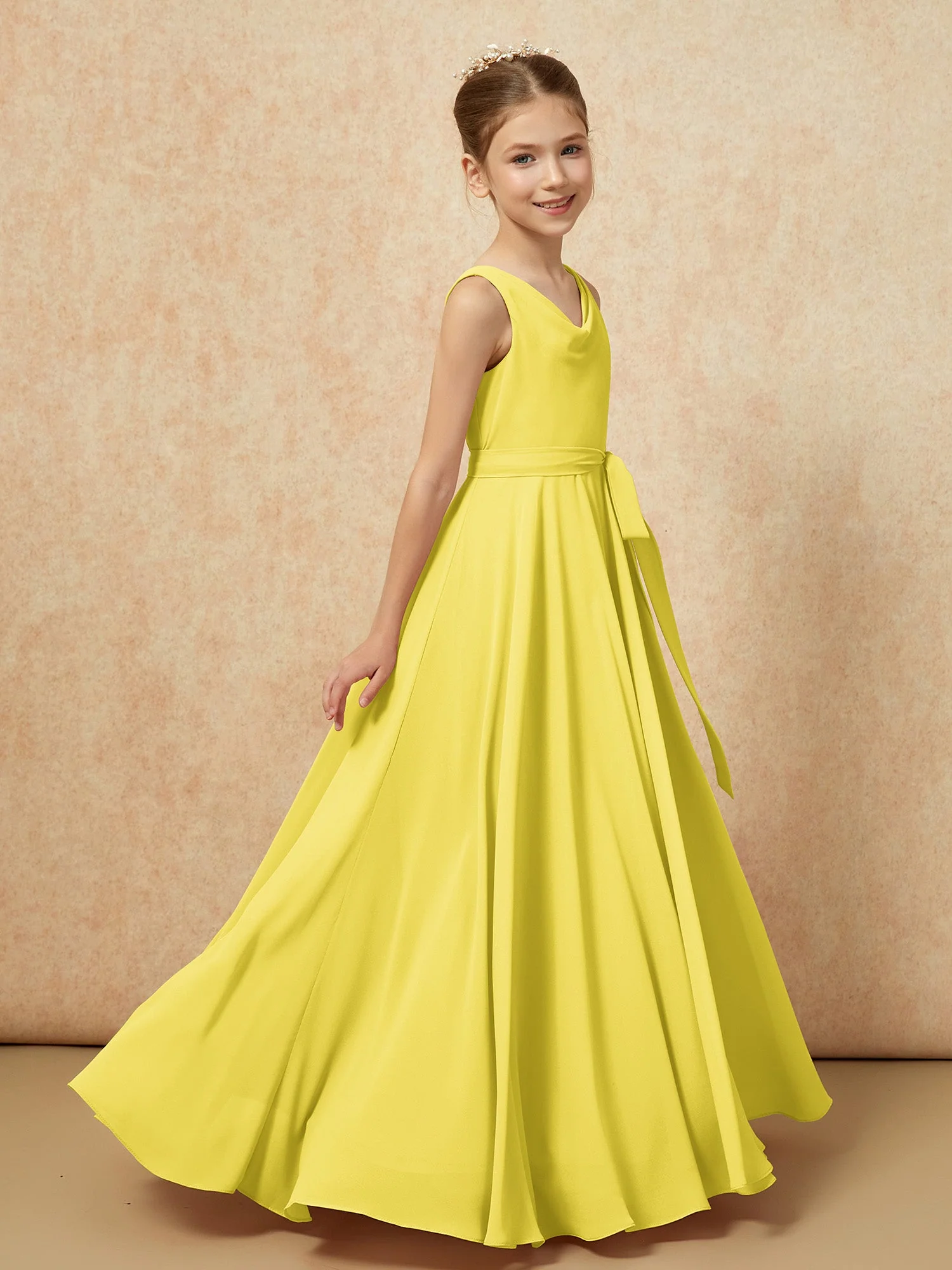 V-Ausschnitt Lang Chiffon Junge Brautjungfernkleider mit Gürtel Zitrone - Image 3