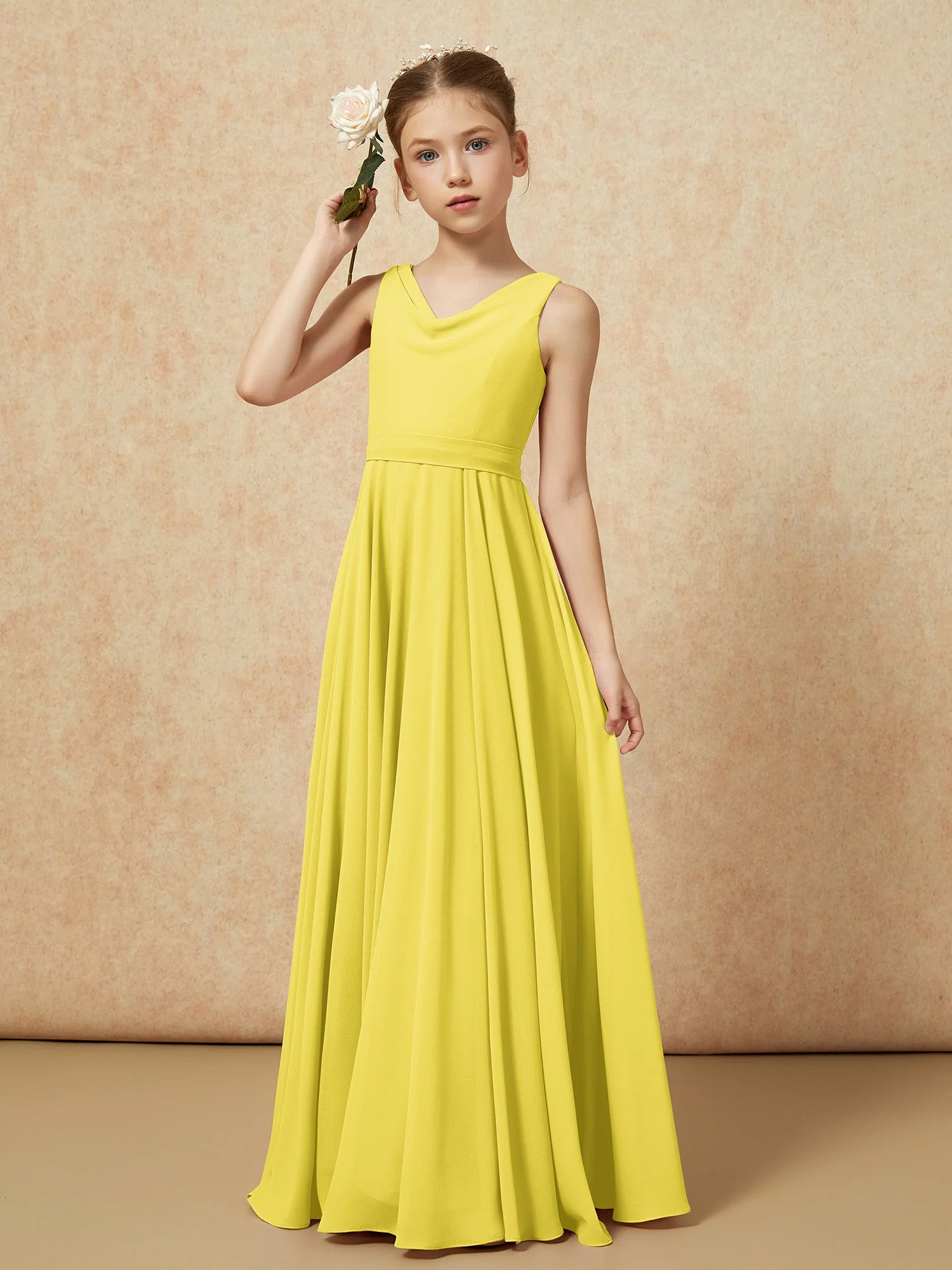 V-Ausschnitt Lang Chiffon Junge Brautjungfernkleider mit Gürtel Zitrone - Image 4