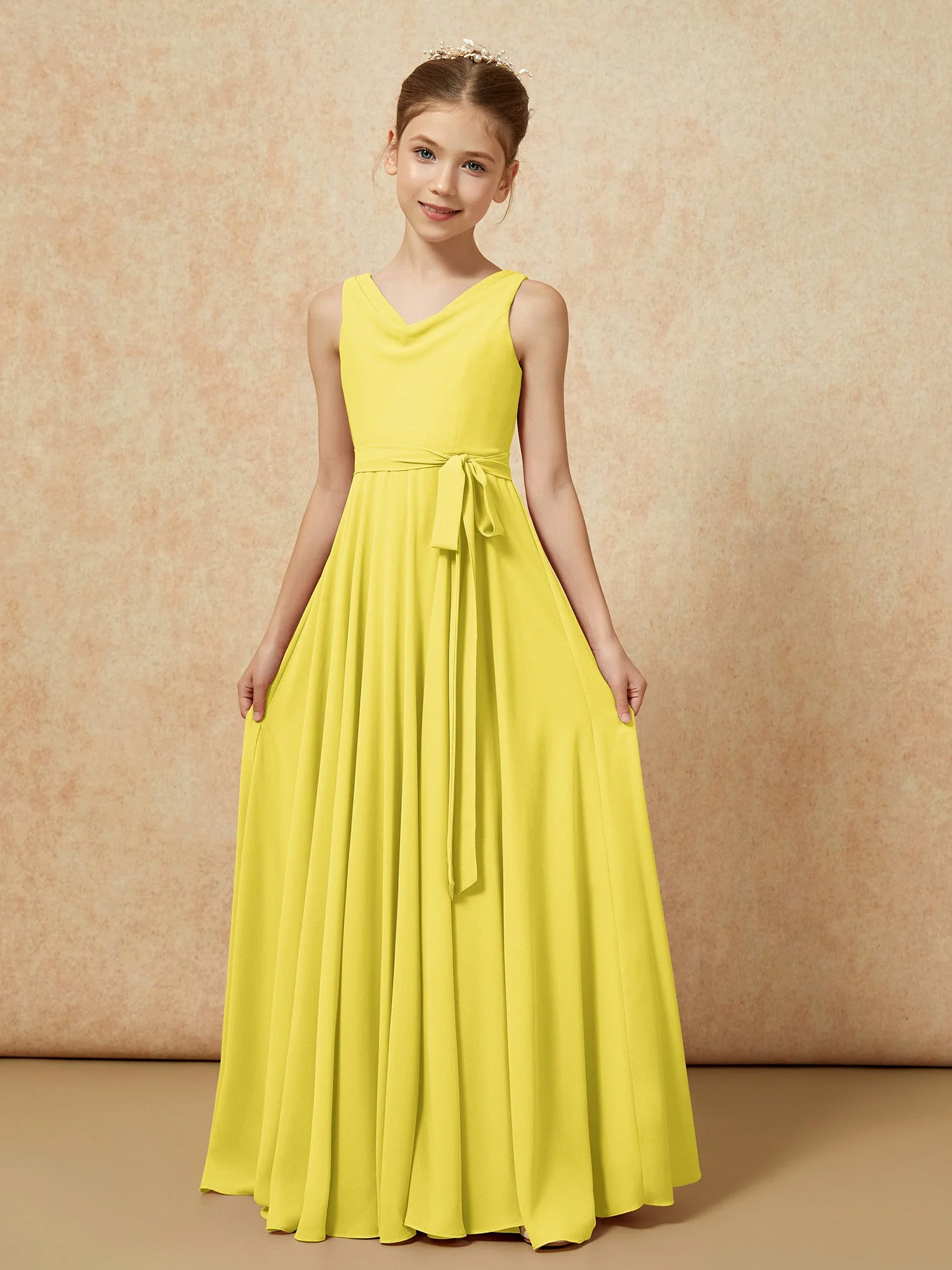 V-Ausschnitt Lang Chiffon Junge Brautjungfernkleider mit Gürtel Zitrone - Image 5