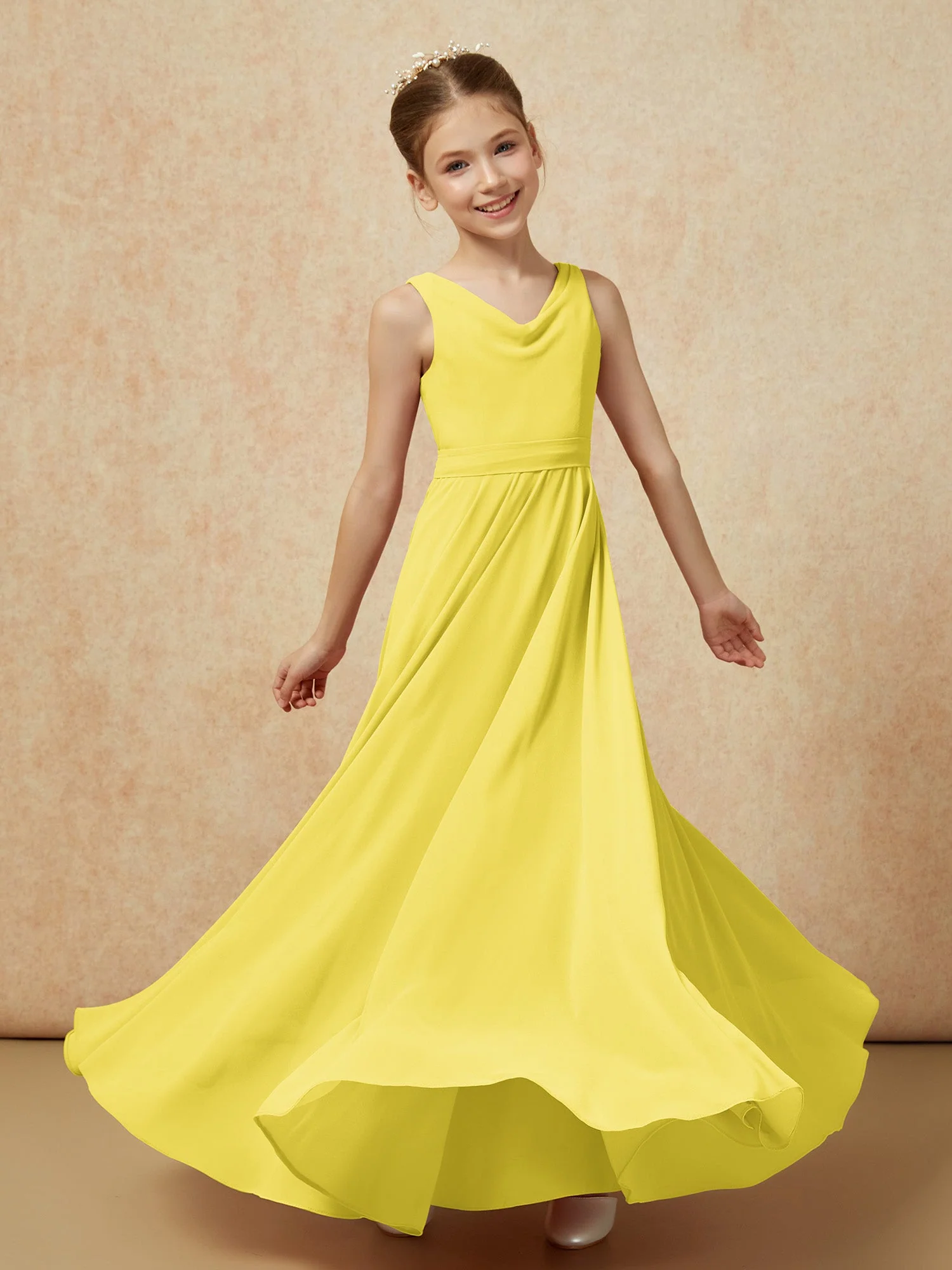 V-Ausschnitt Lang Chiffon Junge Brautjungfernkleider mit Gürtel Zitrone - Image 6