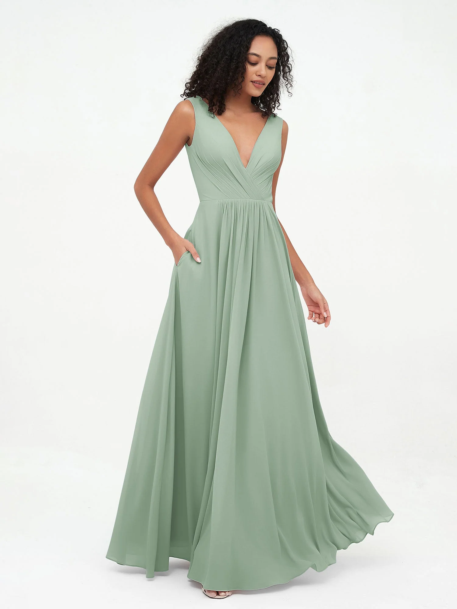 V-Ausschnitt Lang Chiffon Kleider mit Taschen Agavengrün