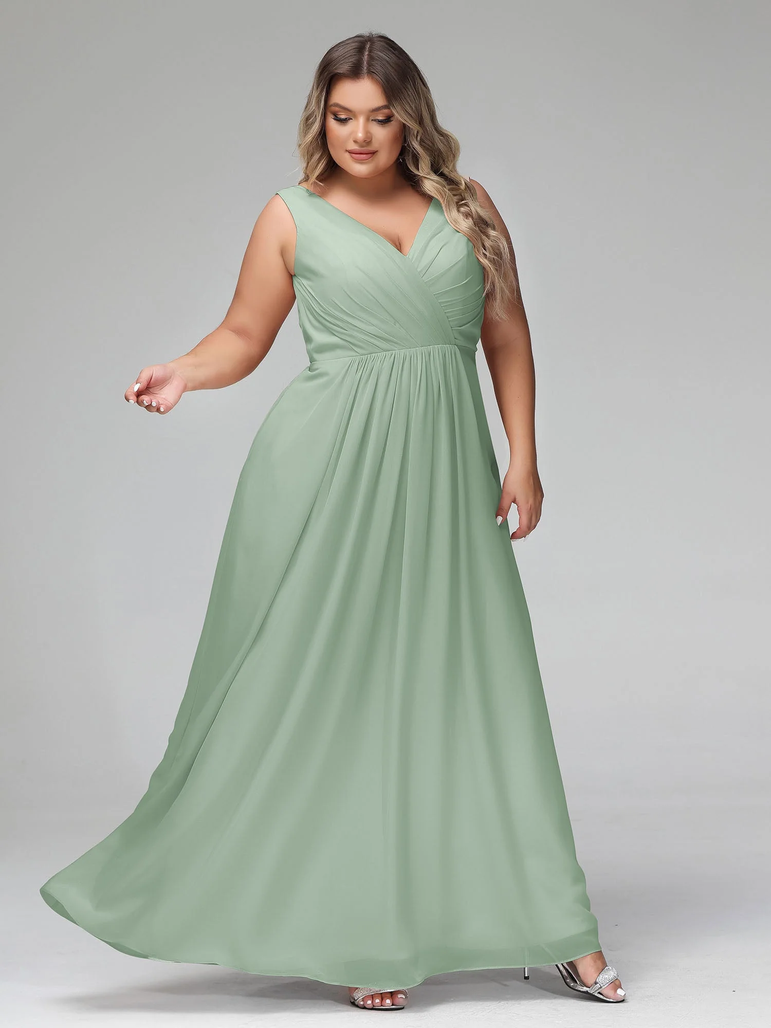V-Ausschnitt Lang Chiffon Kleider mit Taschen Agavengrün - Image 11