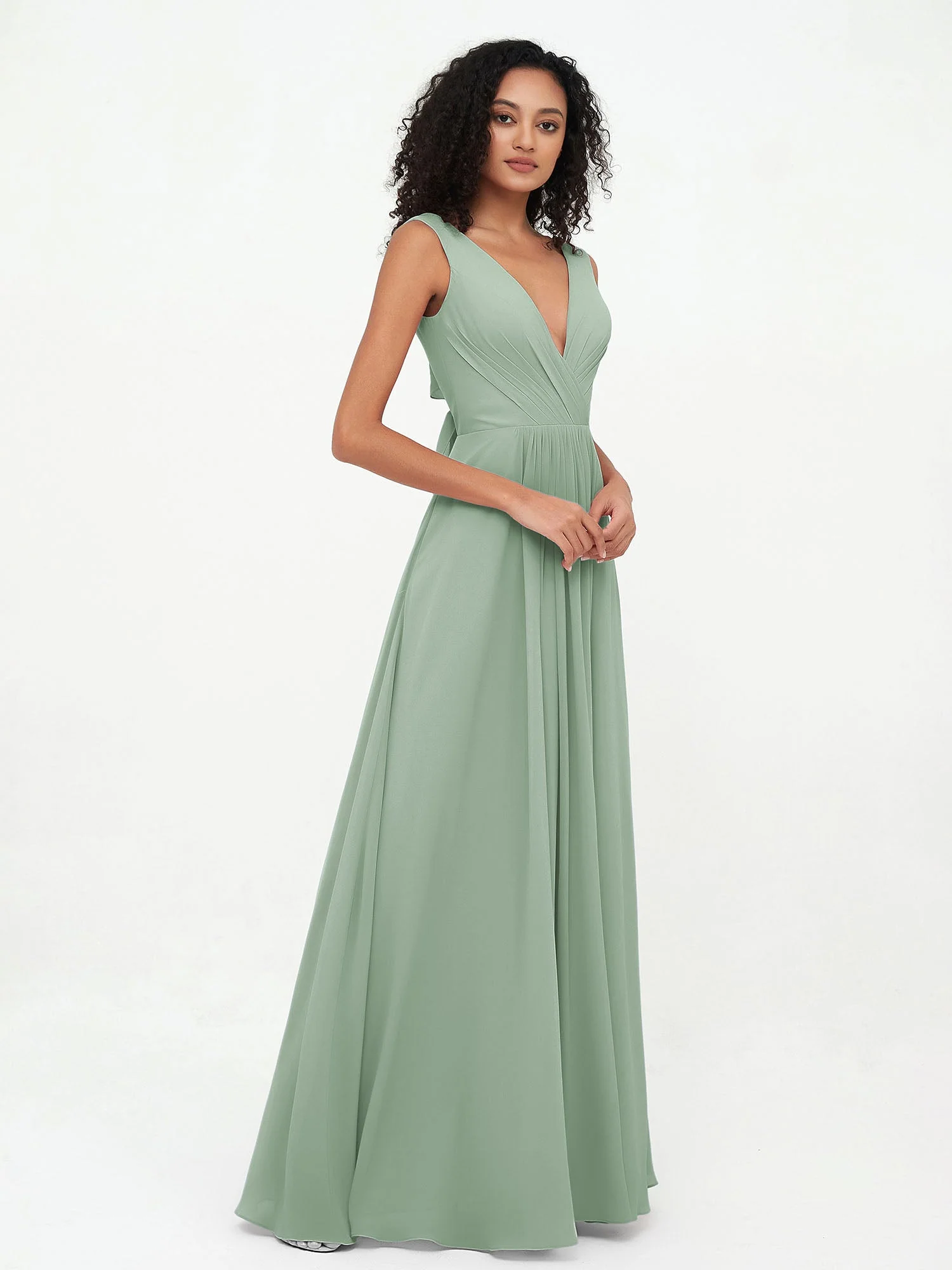 V-Ausschnitt Lang Chiffon Kleider mit Taschen Agavengrün - Image 3