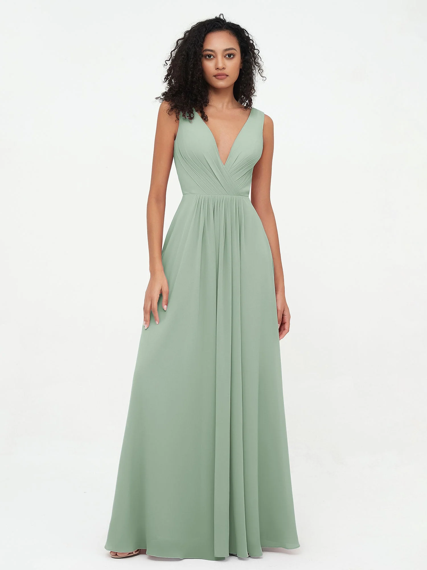 V-Ausschnitt Lang Chiffon Kleider mit Taschen Agavengrün - Image 4