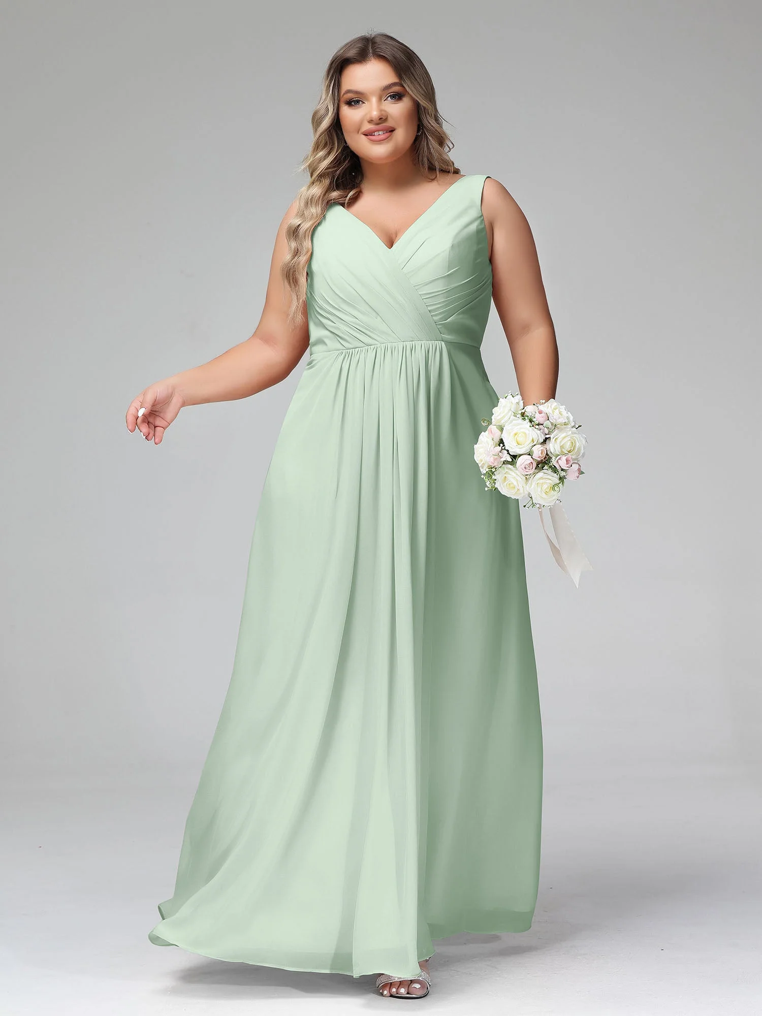 V-Ausschnitt Lang Chiffon Kleider mit Taschen Agavengrün - Image 6