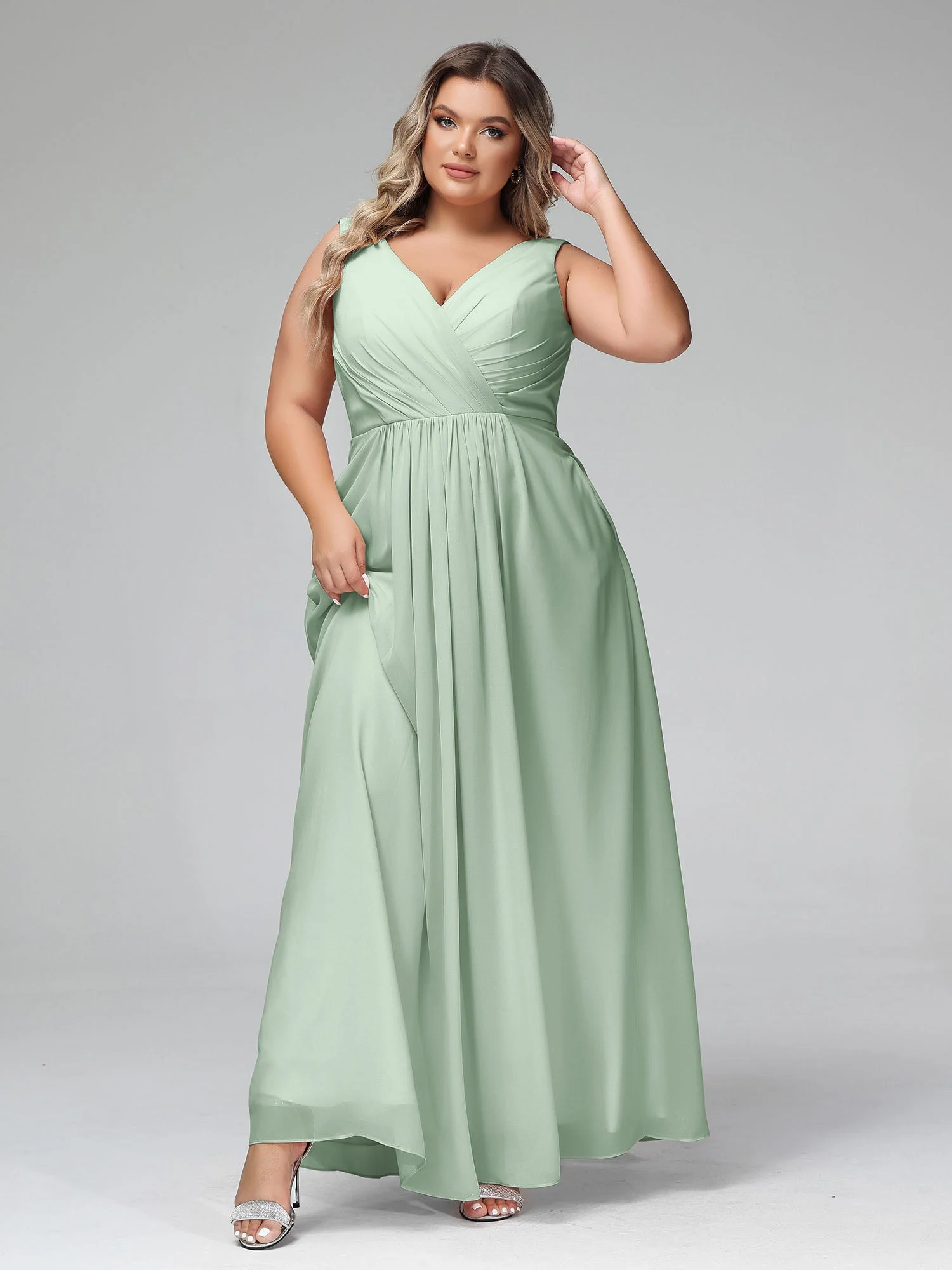 V-Ausschnitt Lang Chiffon Kleider mit Taschen Agavengrün - Image 8