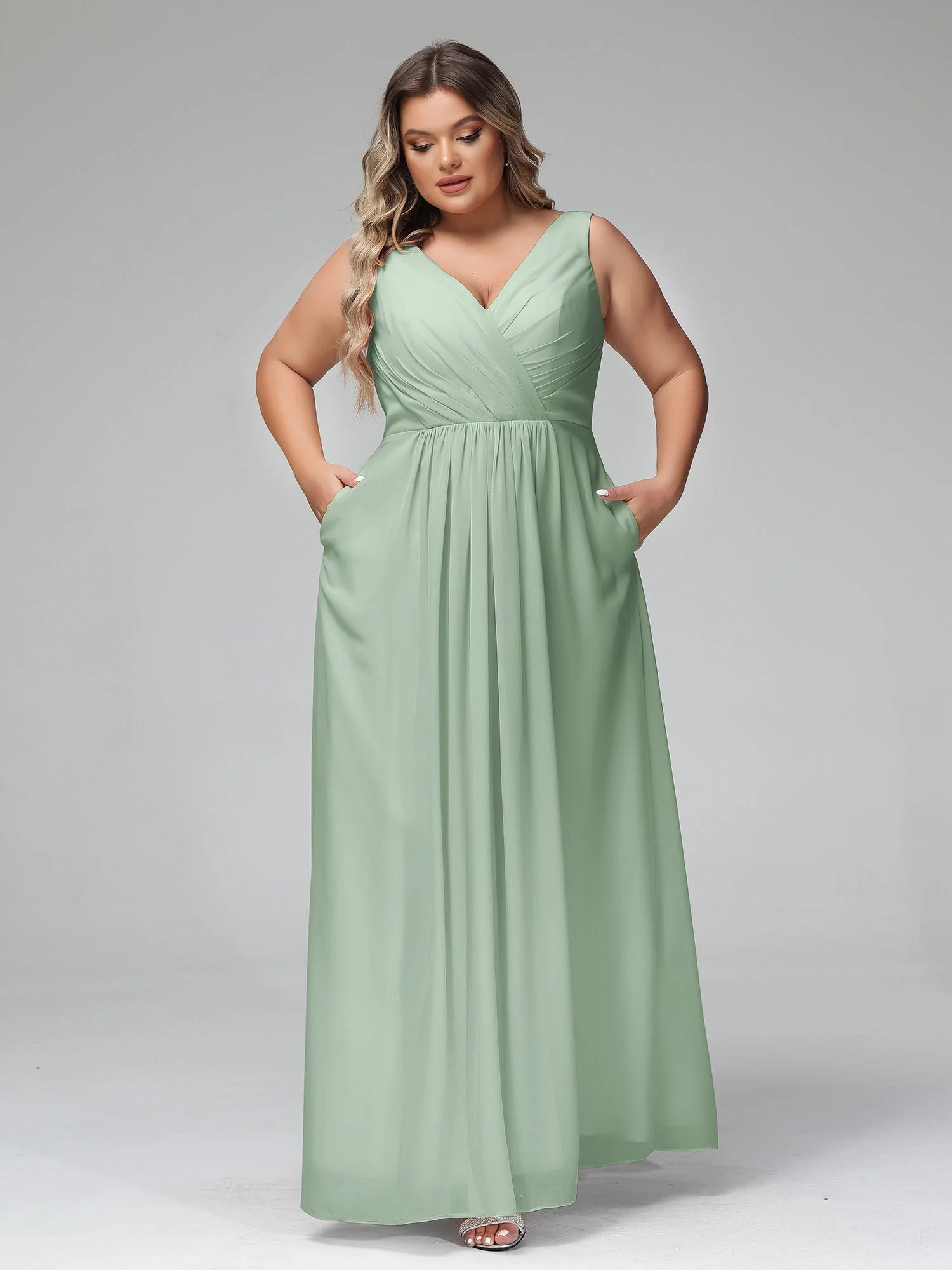 V-Ausschnitt Lang Chiffon Kleider mit Taschen Agavengrün - Image 9