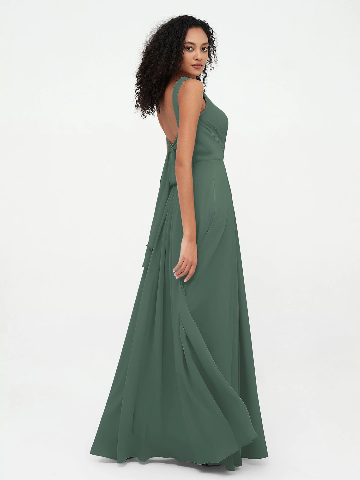 V-Ausschnitt Lang Chiffon Kleider mit Taschen Eukalyptus - Image 2