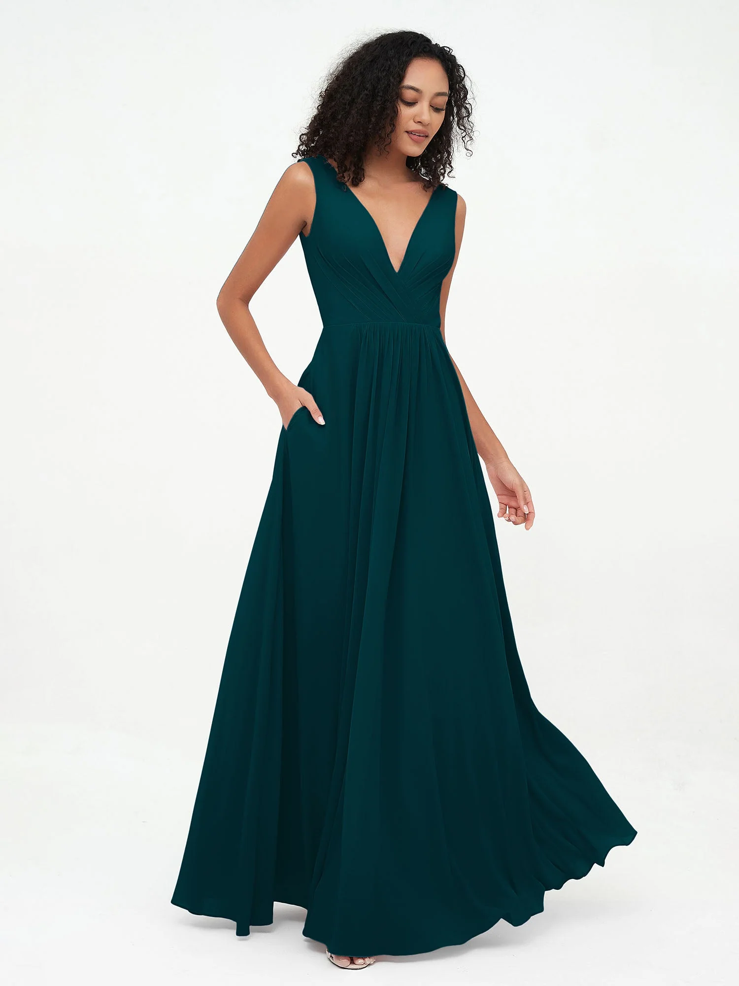 V-Ausschnitt Lang Chiffon Kleider mit Taschen Kieferngrün